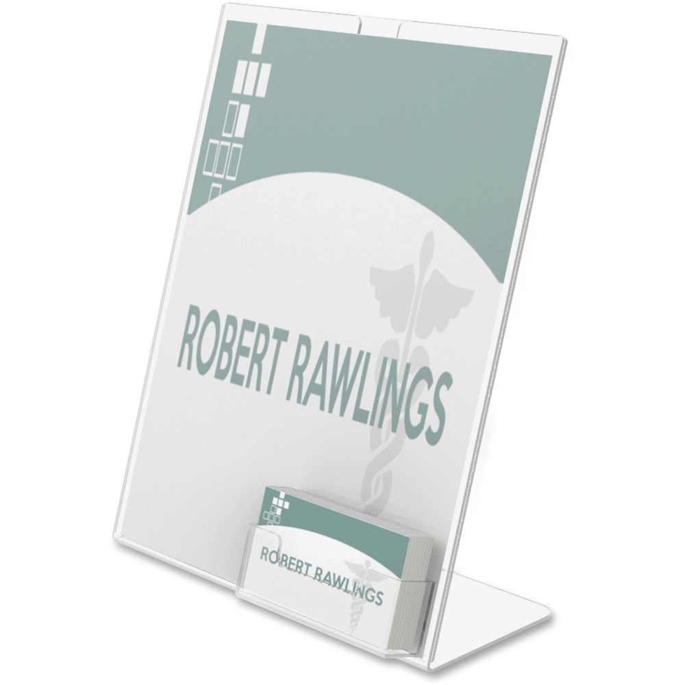 DEF590601 - Slanted sign holder with business card pocket saves space while promoting literature. Top entry allows access to change sign as needed. Sign holder is sealed on bottom and sides to keep literature from falling out. Polished edges of the clear plastic offer a quality look.