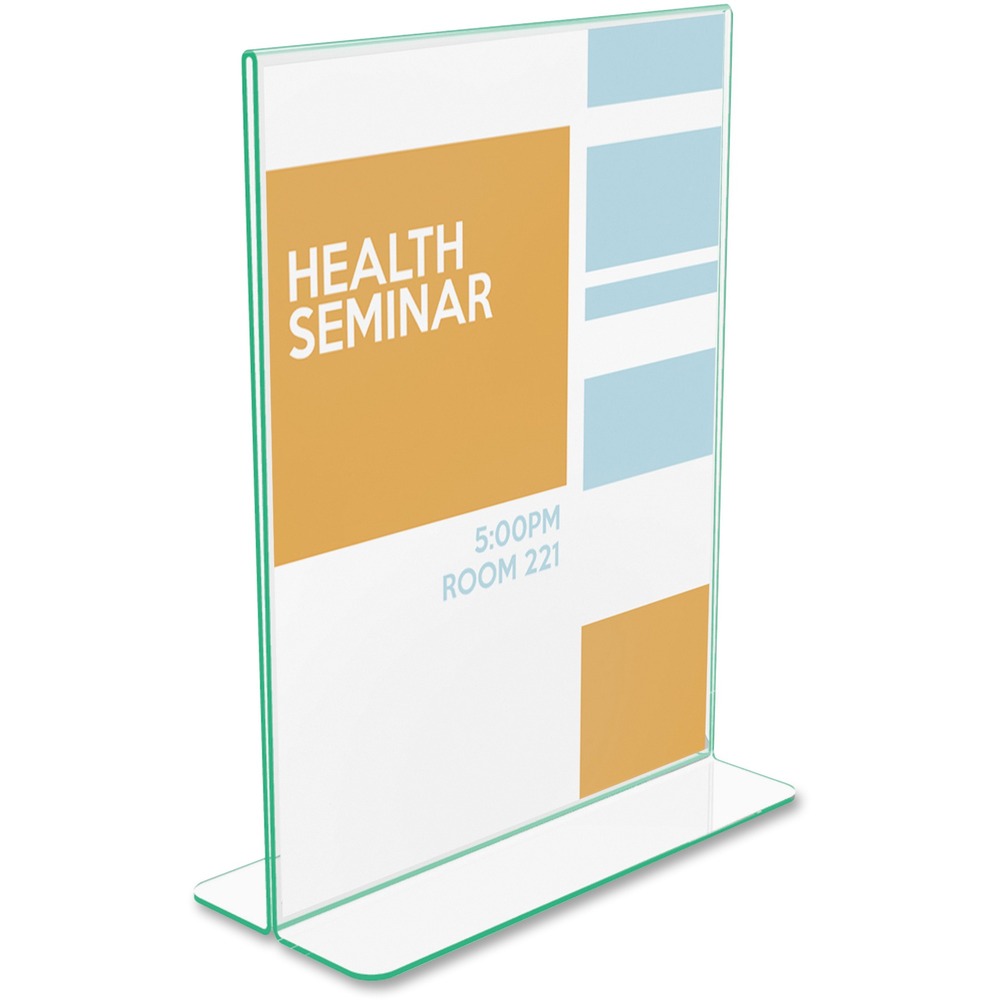 DEF5991790 - Freestanding sign holder features premium green-tinted edges. Polished rounded edges offer a pleasing look, enhancing your message. Great for high-end signage, awards or certificates. Sign holder features both bottom-loading and side-loading capabilities. Personalize and print signs from any office using a free, online sign creator.