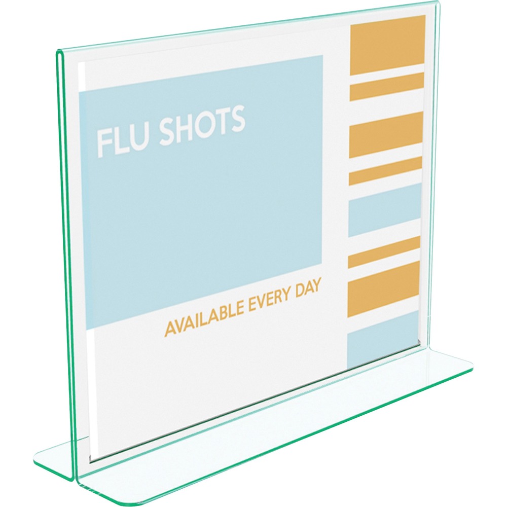 DEF5991890 - Freestanding sign holder features premium green-tinted edges. Polished rounded edges offer a pleasing look, enhancing your message. Great for high-end signage, awards or certificates. Sign holder features both bottom-loading and side-loading capabilities. Personalize and print signs from any office using a free, online sign creator.