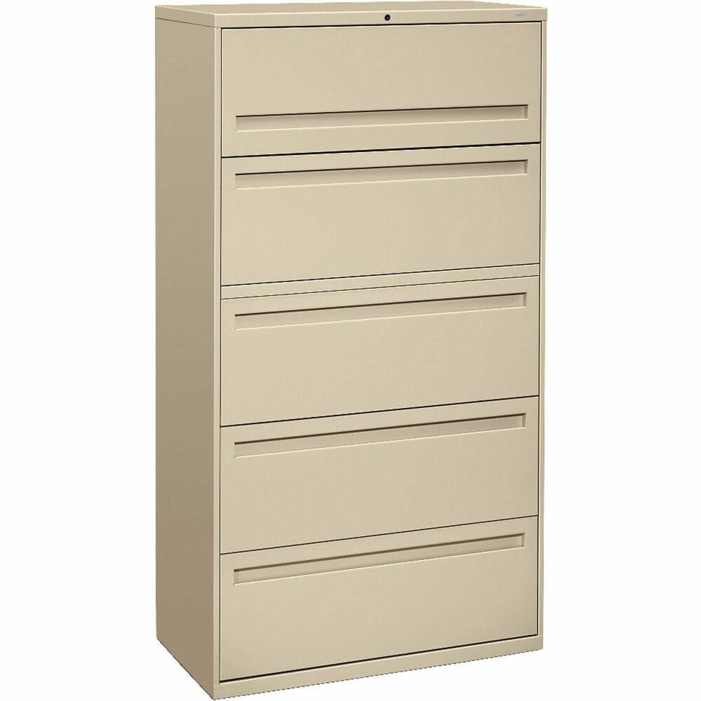 HON785LL - Lateral file features four fixed front drawers and top opening with a roll-out shelf. Fixed front drawers accommodate letter-size or legal-size folders for side-to-side filing. Design offers contemporary full-face integral drawer pulls; reinforced case construction and a core-removable lock. Mechanical interlock allows only one drawer to open at a time. Lateral file is certified by SCS to be in compliance with specific, indoor, air-quality emission requirements. Meets or exceeds applicable ANSI/BIFMA standards.