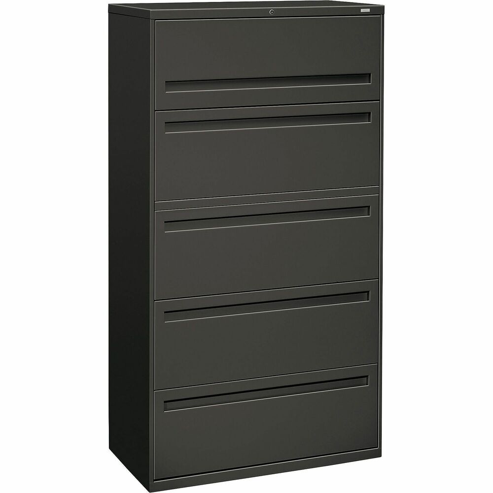 HON785LS - 36" wide, lateral file features four fixed front drawers and top opening with a roll-out shelf. Fixed front drawers accommodate letter-size or legal-size folders for side-to-side filing with two adjustable hangrails. Three-part, telescoping, steel ball-bearing suspension allows smooth opening and closing. Mechanical interlock allows only one drawer to open at a time. Design also features contemporary, full-face, integral drawer pulls; a core-removable lock; and 19-1/4" case depth. Reinforced case construction with flush top and sides has a baked enamel finish over rust-inhibiting phosphate pre-treatment. Charcoal lateral file is certified by SCS to be in compliance with specific, indoor, air-quality emission requirements. It meets or exceeds applicable ANSI/BIFMA standards.