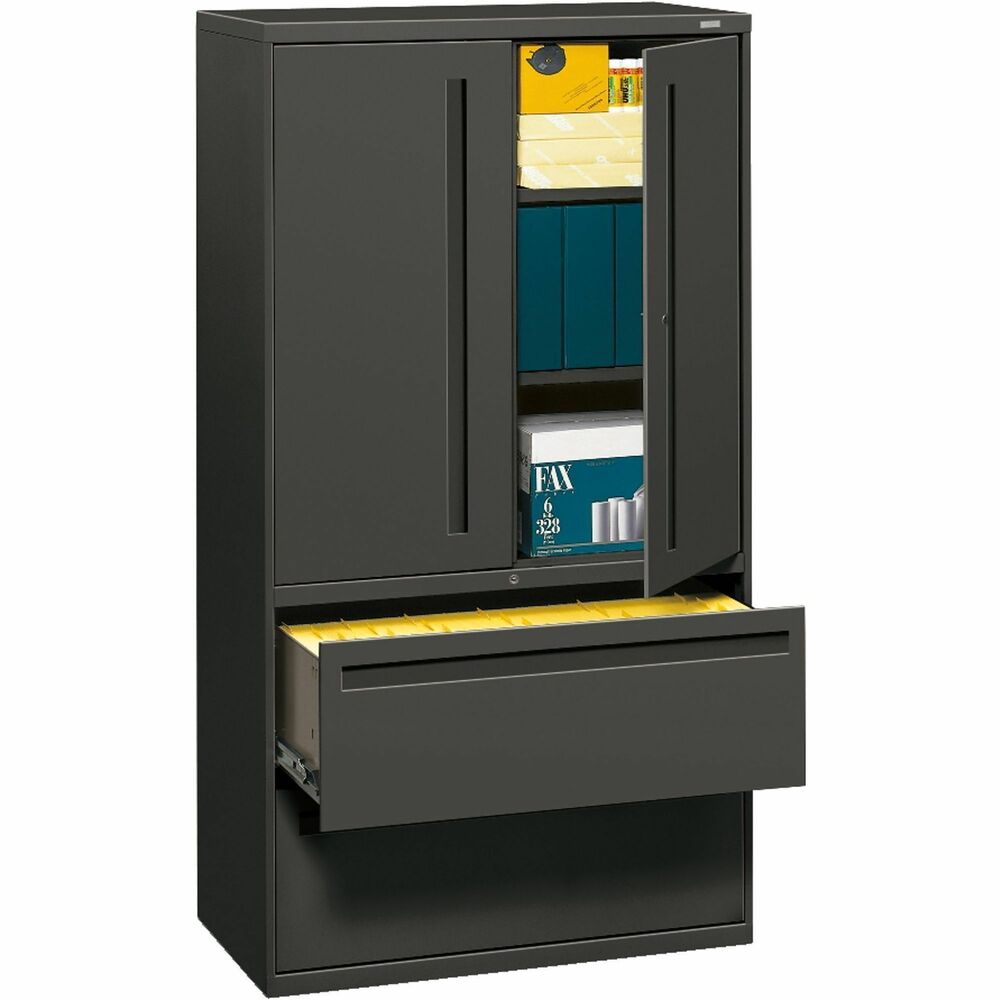HON785LSS - 36" wide lateral file with adjustable shelf storage matches the same height as HON 700 Series five-drawer lateral files. Bottom two openings hold files while the remainder of case offers storage shelves with two hinged doors. Inside height of storage case measures 36-1/4". The storage area includes two shelves that are adjustable in 2" increments. Bottom shelves accept two rows of three-ring binders. Opening at top shelf measures 10-1/4". Door pulls match lateral file drawer pulls.