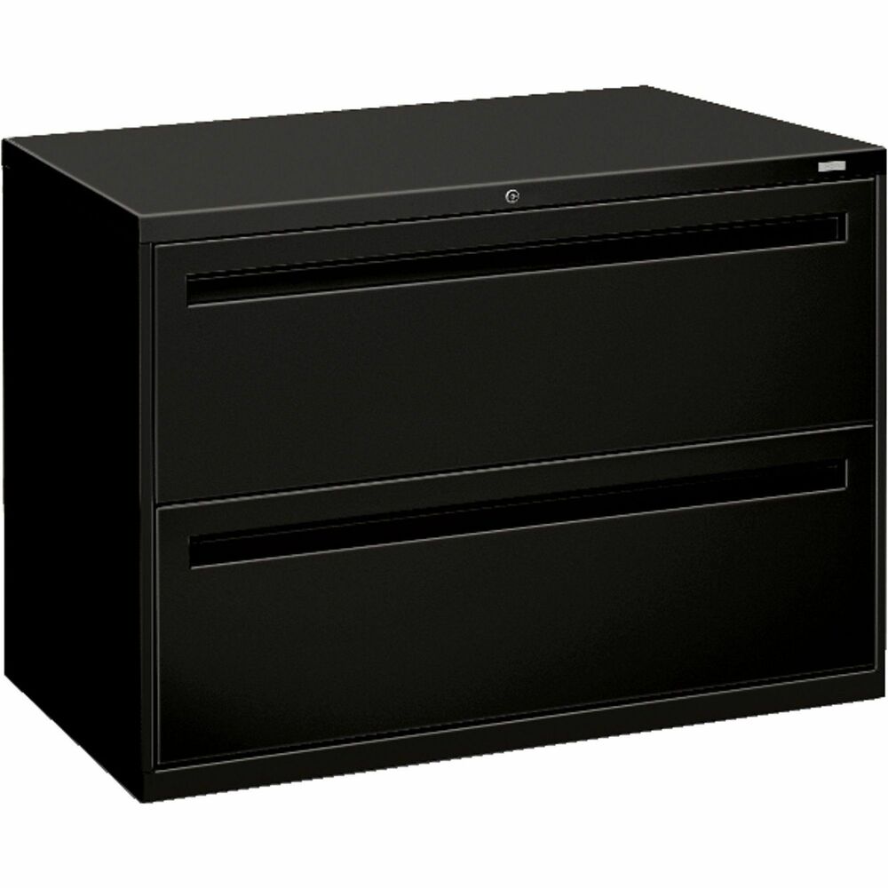 HON792LP - Locking, 42" wide lateral file offers secure file storage in its two fixed front drawers. Each drawer includes two adjustable hangrails for side-to-side filing of letter-size or legal-size folders. Three-part, telescoping, steel ball-bearing suspension delivers smooth opening and closing. Mechanical interlock allows only one drawer to open at a time. Design also features contemporary, full-face, integral drawer pulls; a core-removable lock; and 19-1/4" case depth. Reinforced case construction with flush top and sides has a baked enamel finish over rust-inhibiting phosphate pre-treatment. Black lateral file is certified by SCS to be in compliance with specific, indoor, air-quality emission requirements and meets or exceeds applicable ANSI/BIFMA standards.