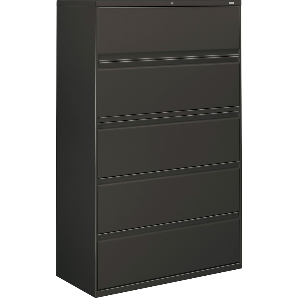 HON895LS - Five-drawer lateral file offers clean lines, reinforced case construction, dual side locks for security, and full-width, designer-style handles. Baked enamel finish over rust-inhibiting, phosphate pretreatment adds more durability. Three-part, telescoping, ball-bearing suspension delivers smooth drawer operation. Charcoal lateral file includes four fixed drawers, and the top drawer is a roll-out shelf with a receding flipper door. Ideal for binders, end-tab files, standing files or supplies. Drawers accommodate letter-size or legal-size folders from side-to-side with included adjustable hangrails. Drawers are flush at the top and sides and feature drawer-extension restraint. Mechanical interlock allows only one drawer to open at a time. Lateral file also offers four adjustable leveling guides for stabilizing and HON One Key interchangeable, core-removable lock. Lock mechanism secures both sides of drawers.