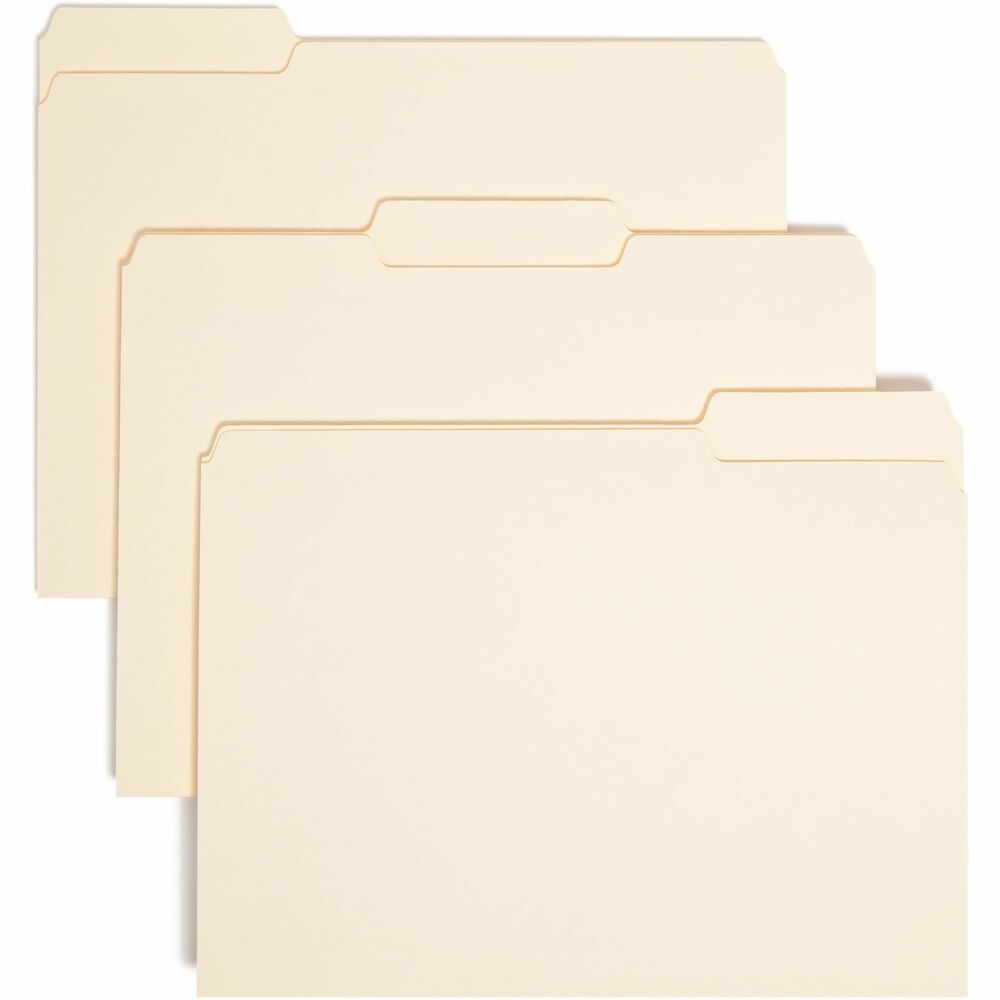 SMD10230 - Special-size folders fit neatly inside hanging folders to separate groups of papers and keep documents organized when removed from file drawers. Tabs are low enough not to interfere with vinyl tabs on hanging folders. Assorted, 1/3-cut tab positions allow more than one interior folder to be used within a single hanging folder. Other features include a single-ply tab, 11 point stock construction and undercut front panel. Folders are scored for 3/4" expansion.