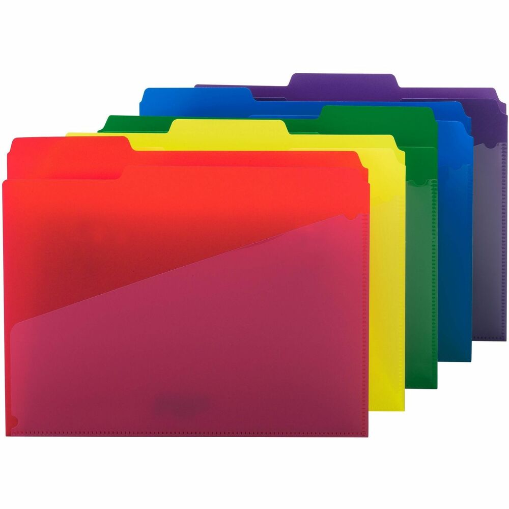 SMD10540 - Heavy-duty polypropylene folders resist tears and repel moisture. This water-resistant, tear-resistant material is easy to clean. Each folder features a useful, exterior diagonal slash pocket for storage of smaller items. Slash pocket makes this folder ideal for project managers. 1/3-cut tabs (1/2" high) are in assorted positions. Folders are scored for 3/4" expansion. Front panel is undercut. Front and back top corners are rounded. Acid-free folders include six each of blue, green, purple, red and yellow.