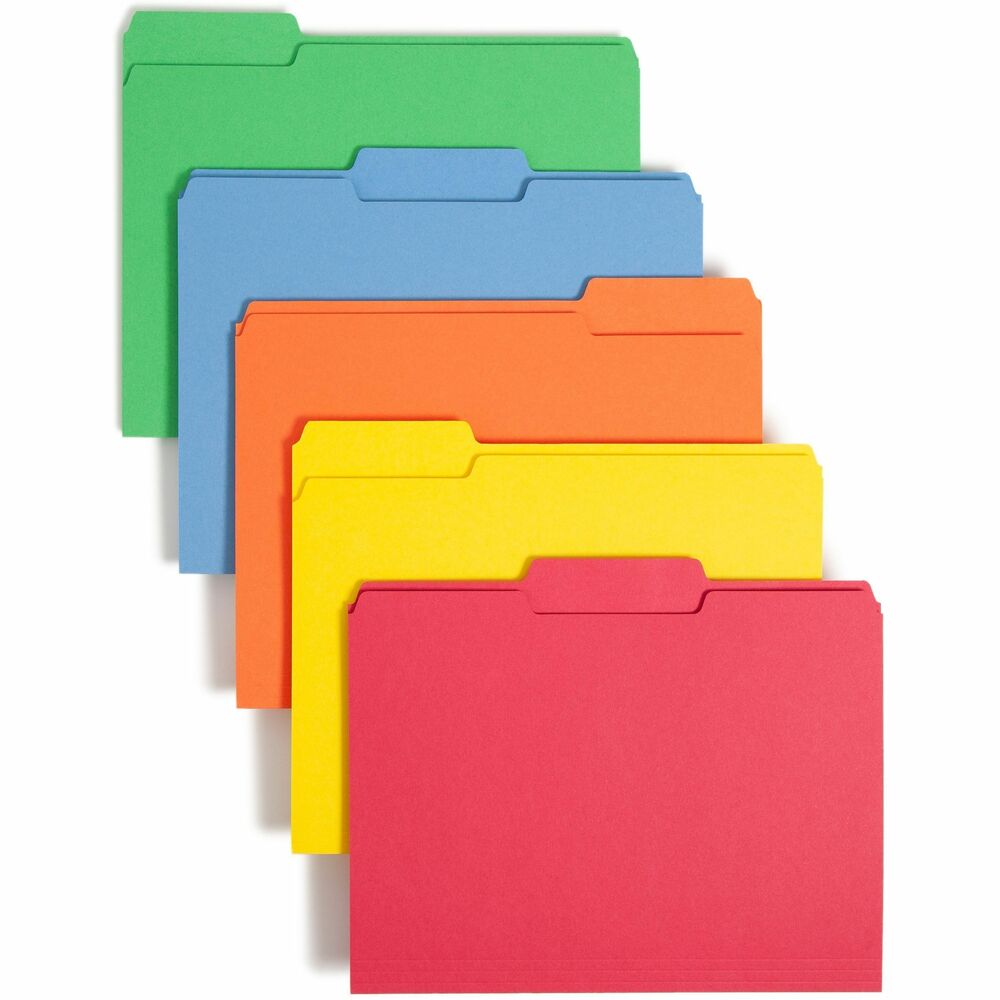 SMD11943 - Speed filing and retrieval time by using color to categorize different types of folders. Single-ply is the economical choice for files that are seldom accessed. File folders are made of 11 point stock. They also feature undercut front panel and rounded top corners. 1/3-cut tabs are 1/2" high. Folders are scored for 3/4" expansion.