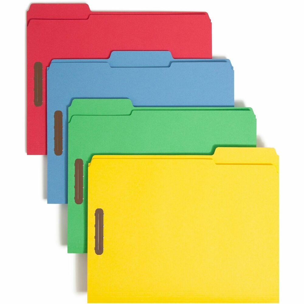 SMD11975 - Durable top-tab folders with 2" prong, K-style fasteners speed filing and retrieval. Two fasteners per folder provide two separate filing surfaces. Keep meeting notes on one side and written drafts on the other. Folders feature 1/3 cut assorted tabs. They are scored for 3/4" expansion. Reinforced tab is 1/2" high. Each folder is made from 11 point stock. More from the Manufacturer