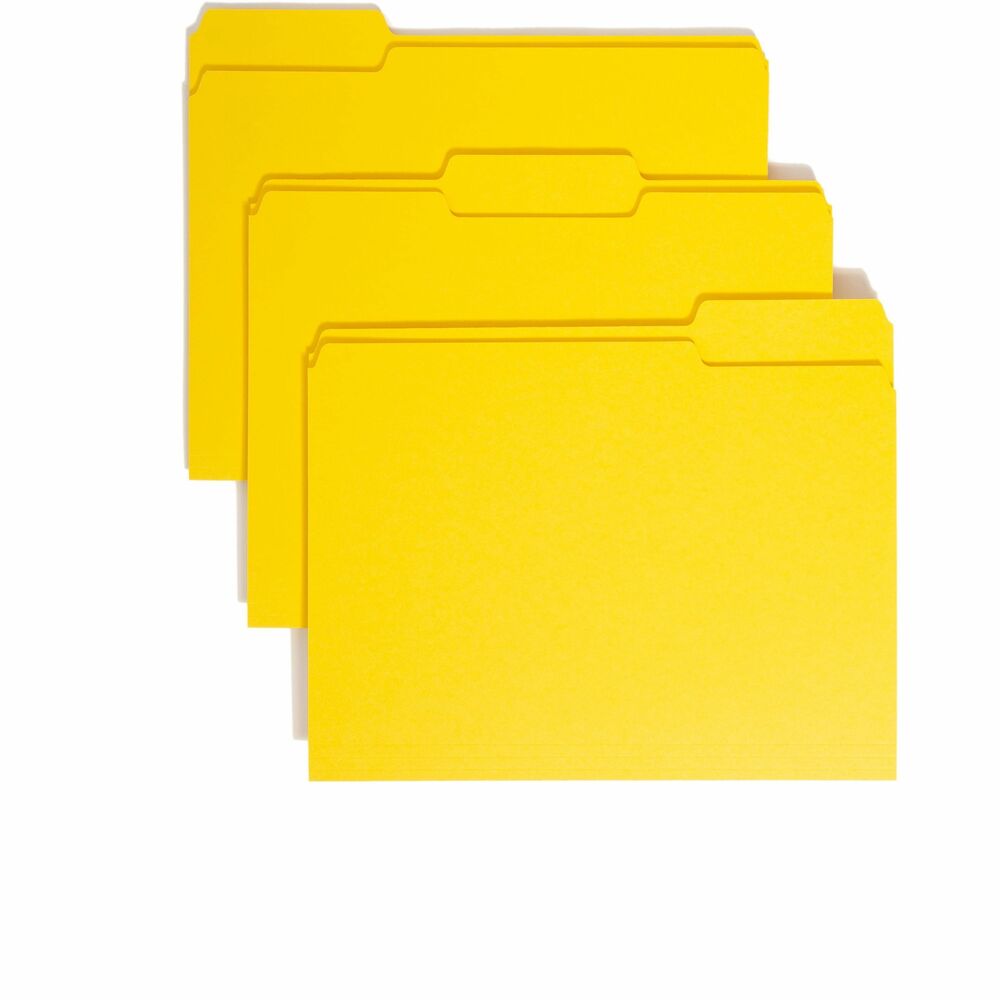 SMD12943 - Speed filing and retrieval time by using color to categorize different types of folders. Single-ply is the economical choice for files that are seldom accessed. File folders are made of 11 point stock. They also feature undercut front panel and rounded top corners. 1/3-cut tabs are 1/2" high. Folders are scored for 3/4" expansion.