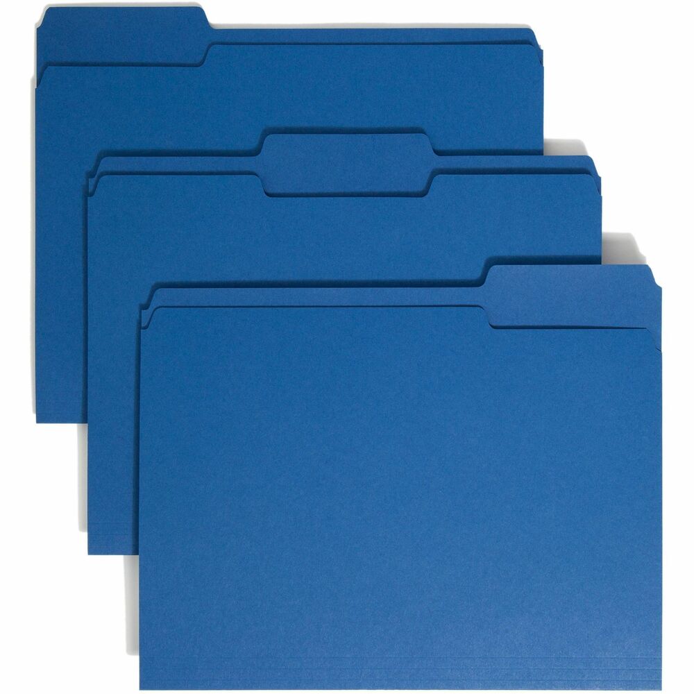 SMD13193 - Speed filing and retrieval time by using color to categorize different types of folders. Single-ply is the economical choice for files that are seldom accessed. File folders are made of 11 point stock. They also feature undercut front panel and rounded top corners. 1/3-cut tabs are 1/2" high. Folders are scored for 3/4" expansion.