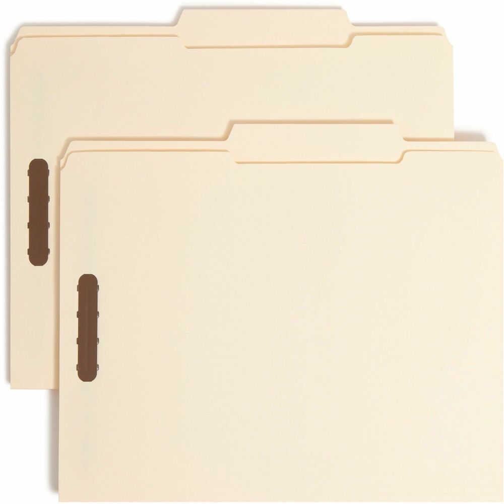 SMD14580 - Fastener folders feature 2" prong, K-style fasteners to subdivide documents so you can keep them secure and in order. Each fastener provides superior strength to secure large amounts of paper. Double-strength tabs are 1/2" high and 2/5 cut right of center. Folders are made from 11 point manila stock and are scored for 3/4" expansion. More from the Manufacturer