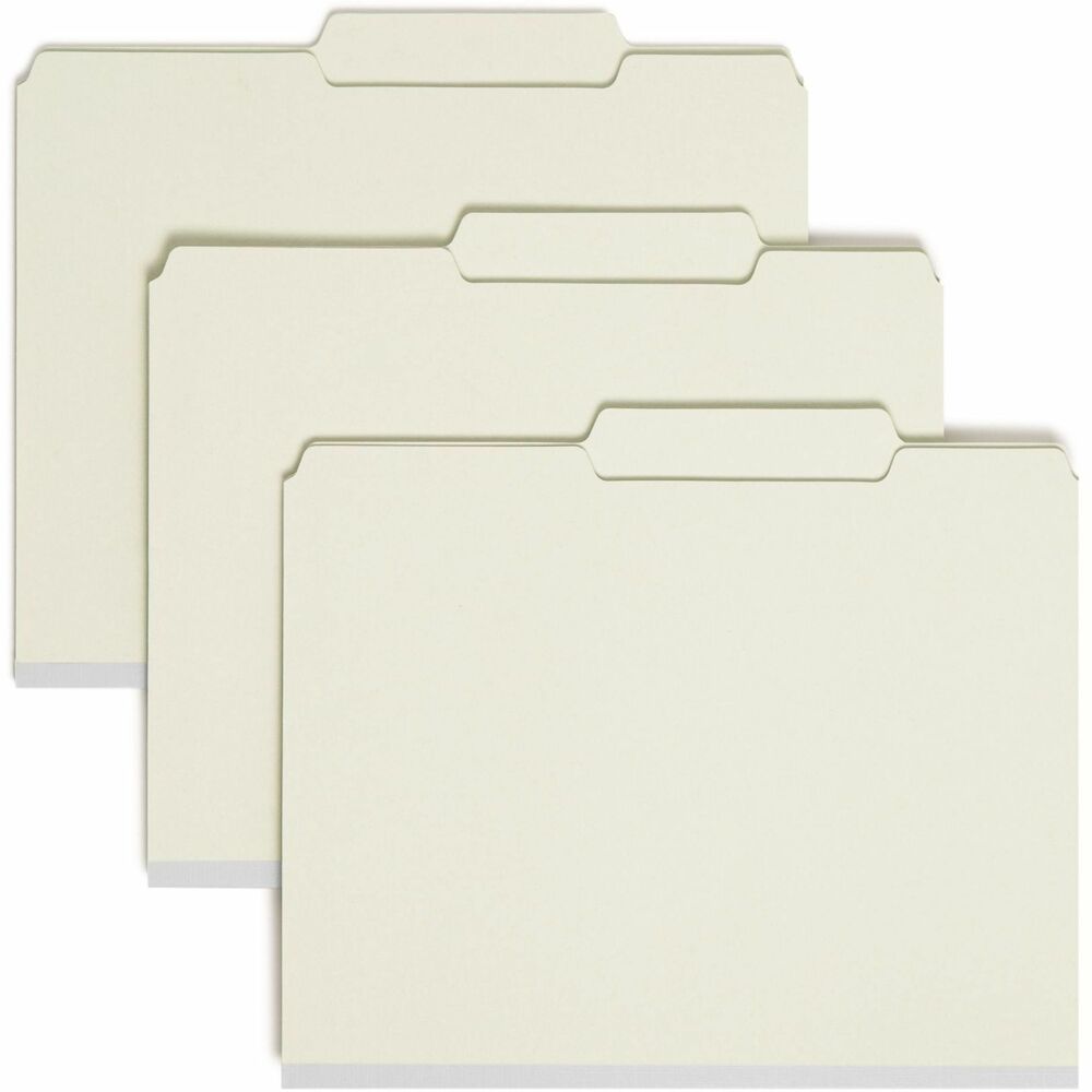 SMD14980 - Protect your documents and fingers with patent-pending, SafeShield Coated Fastener Technology - the ultimate solution to fastener issues, including paper tears, finger cuts and excessive fastener crinkling. File folders are made for large, bulky files that get plenty of use. They are excellent for project files, real estate transactions, loans, legal files or any time you need to keep large amounts of paperwork in sequential order for frequent reference. 1/2" high tabs are in 2/5-right-of-center positions. Letter-size folders offer 2" prong, K-style fasteners. Sturdy, 25 point gray/green pressboard stock is made with a high percentage of recycled material. More from the Manufacturer