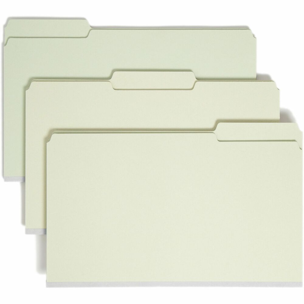 SMD18230 - Use these gray, heavy-duty pressboard folders for bulky, heavily used files. Tear-resistant gusset with double-thickness expands 1" to accommodate your bulky files. 25 point pressboard resists wear and tear. 1/2" high tabs are in assorted 1/3-cut positions. Legal-size folders offer high percentage of recycled content.