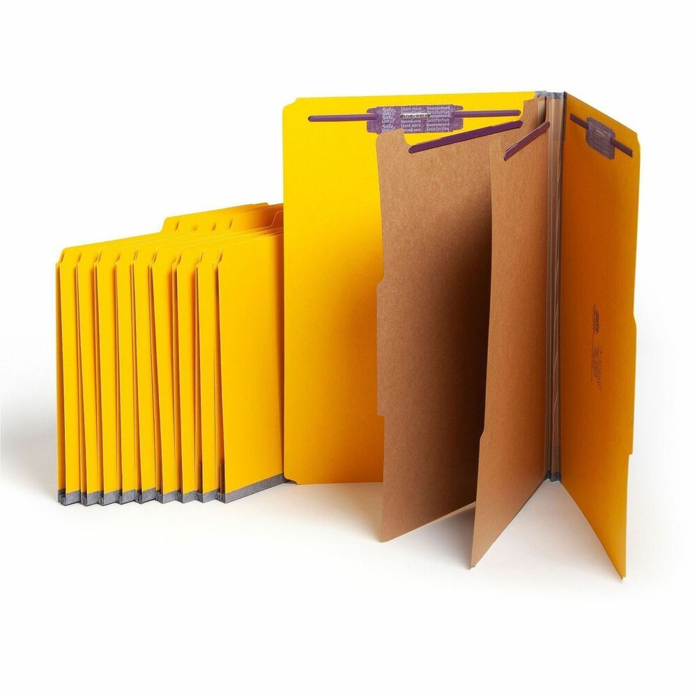 SMD19034 - Heavy-duty classification folders feature patent-pending, SafeShield Coated Fastener Technology to help prevent paper tears, finger cuts and excessive fastener crinkling. SafeShield adds protection for papers and fingers while also reducing fastener crinkling. Fasteners on front and back panels and dividers create separate filing surfaces within one folder. These two 2" coated fasteners on the panels are in positions 1 and 3. Legal-size folder also offers a 2" expansion and is made of sturdy, 25 point Pressboard stock. The two dividers offer a 1" SafeShield-coated, twin-prong fastener and are made of 17 point stock. Folder tab is 2/5 cut. Divider tab is 3/8" high and 1/3 cut. More from the Manufacturer