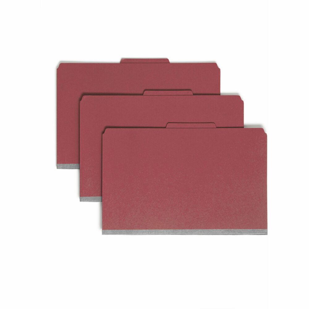 SMD19095 - Heavy-duty classification folders feature patent-pending, SafeShield Coated Fastener Technology to help prevent paper tears, finger cuts and excessive fastener crinkling. SafeShield adds protection for papers and fingers while also reducing fastener crinkling. Fasteners on front and back panels and dividers create separate filing surfaces within one folder. These two 2" coated fasteners on the panels are in positions 1 and 3. Legal-size folders are made of sturdy, 25 point Pressboard stock. The three dividers offer a 1" SafeShield-coated, twin-prong fastener and are made of 17 point stock. Tab on the folder is 2/5 cut. Tab on the dividers is 3/8" high and 1/3 cut. More from the Manufacturer