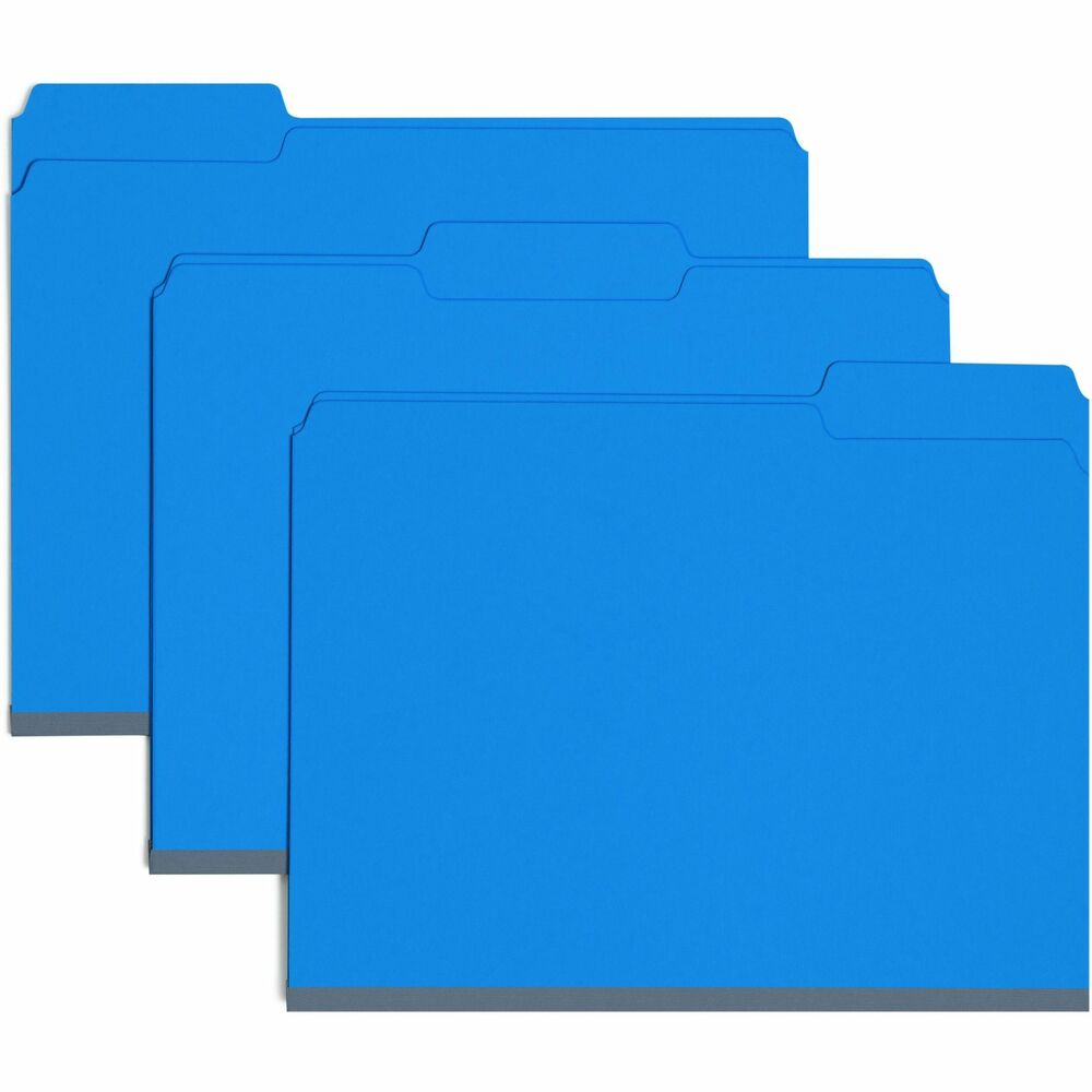 SMD21541 - Pressboard folders offer all the advantages of tough Pressboard with the added feature of color to help speed your filing. Sturdy, tear-resistant gusset expands to hold up to 1" of material. Letter-size folders offer superior durability with 25 point, colored pressboard that resists wear and tear. The 1/2" high tab is 1/3 cut in assorted positions for easy organizing. File folders are made with a high percentage of recycled material.
