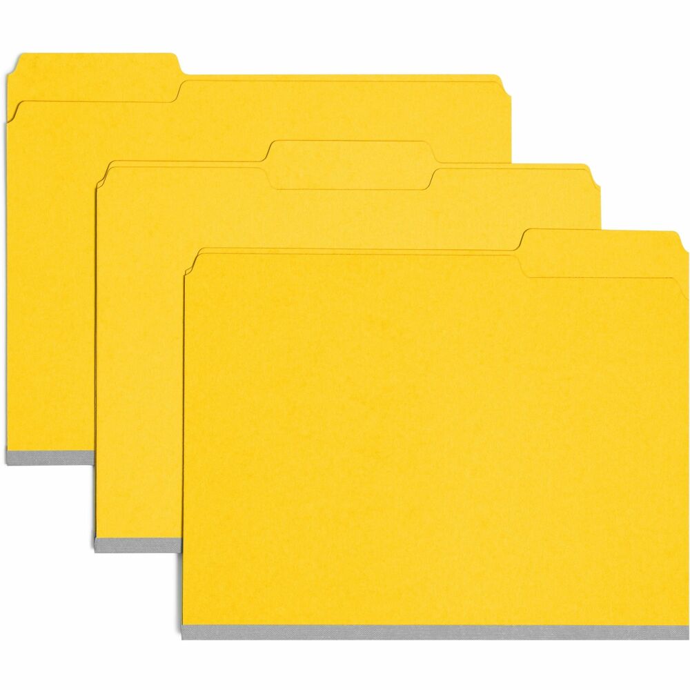 SMD21562 - Pressboard folders offer all the advantages of tough Pressboard with the added feature of color to help speed your filing. Sturdy, tear-resistant gusset expands to hold up to 1" of material. Letter-size folders offer superior durability with 25 point, colored pressboard that resists wear and tear. The 1/2" high tab is 1/3 cut in assorted positions for easy organizing. File folders are made with a high percentage of recycled material.