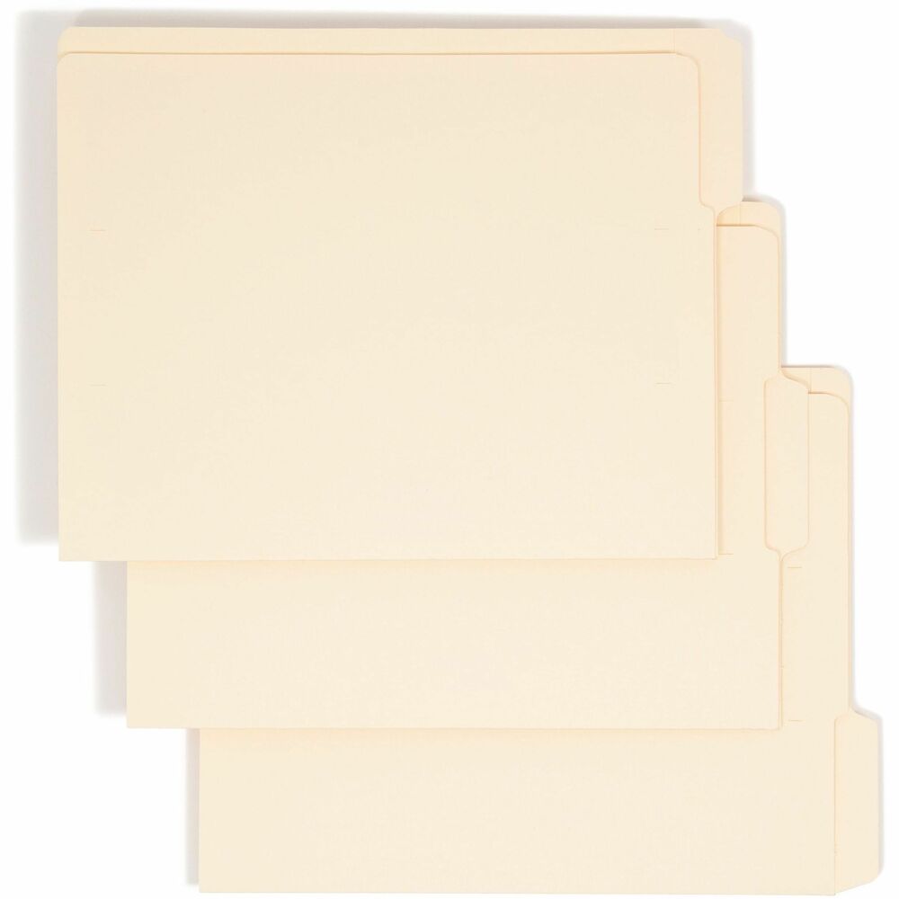 SMD24134 - End tab file folders are designed for efficient shelf filing with double-thick tabs for strength, embossed lines for easy label application and an undercut front panel for label readability. Ideal for medical, dental and hospital filing systems or any other large records management systems. Folders are slit-punched on 2-3/4" centers in positions 1, 2, 3 and 4 for customized fastener installation. Fasteners are sold separately. Tabs are 1/2" wide. Front panel is 9" high and undercut 1/4" deep. Folders are made of 11 point stock and scored for 3/4" expansion.