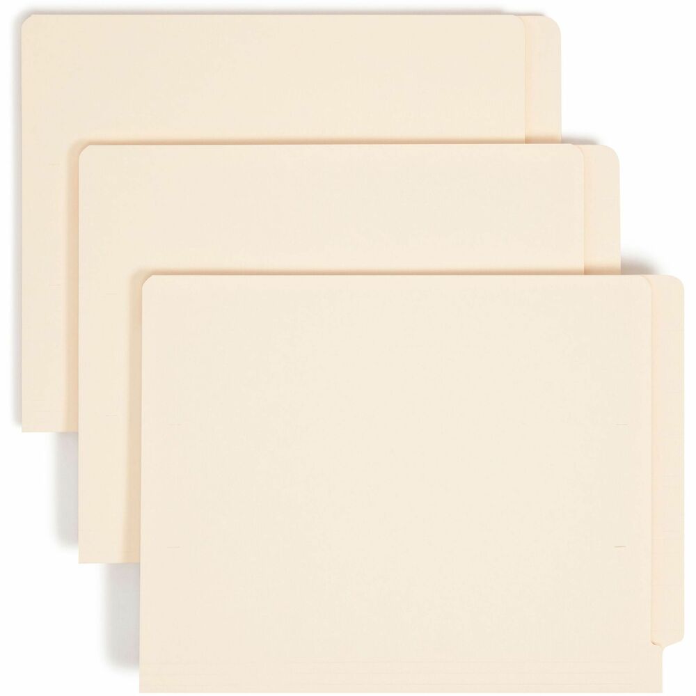 SMD24210 - These End Tab Folders feature a double-thick tab for strength and embossed lines for easy label application. Ideal for medical, dental and hospital filing systems as well as for very large records management systems in financial and insurance firms. 1/2" wide tabs are straight cut. 9-1/2" high front panels are undercut 1/4" deep to help make labels stand out for extra readability. Top corners in the front and back are rounded for easy access. Folders are made of 14 point stock and scored for 3/4" expansion. Contain post-consumer recycled material.