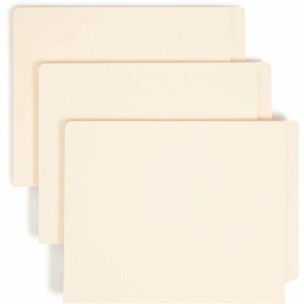 SMD24275 - End-tab folder offers strength, durability and efficiency. Design with "W" fold expands folder to hold up to 1-1/2" of paperwork. Two-ply tabs are straight-cut, interlocking, embossed for label placement and 7/8" wide. Folder features heavyweight 14 point manila stock, reinforced top edge on back panel, and rounded top corners in front and back.