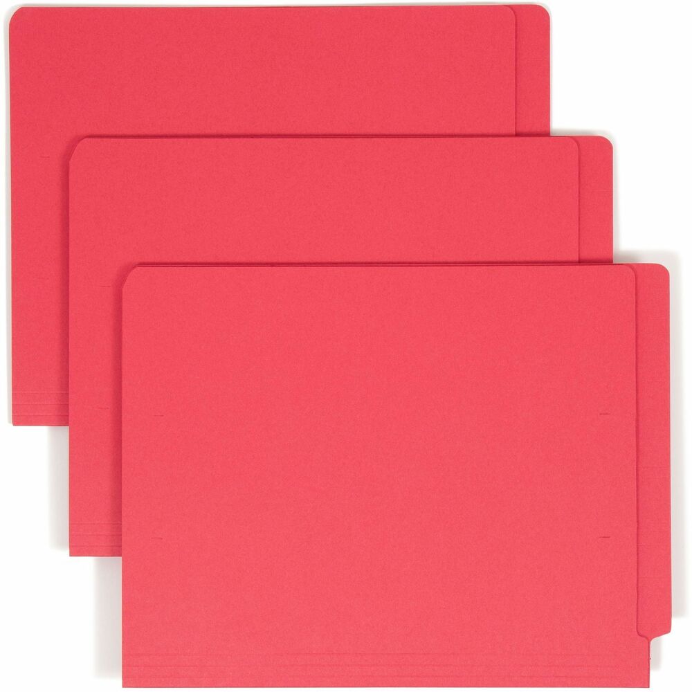 SMD25710 - Colored end-tab folders feature the Shelf-Master Reinforced Tab. Straight-cut tab is 1/2" wide and reinforced for frequent use. Use colors to indicate various types of files, such as different types of insurance policies or to identify special patients at a clinic. Folders are scored for 3/4" expansion and made of 11 point colored stock.