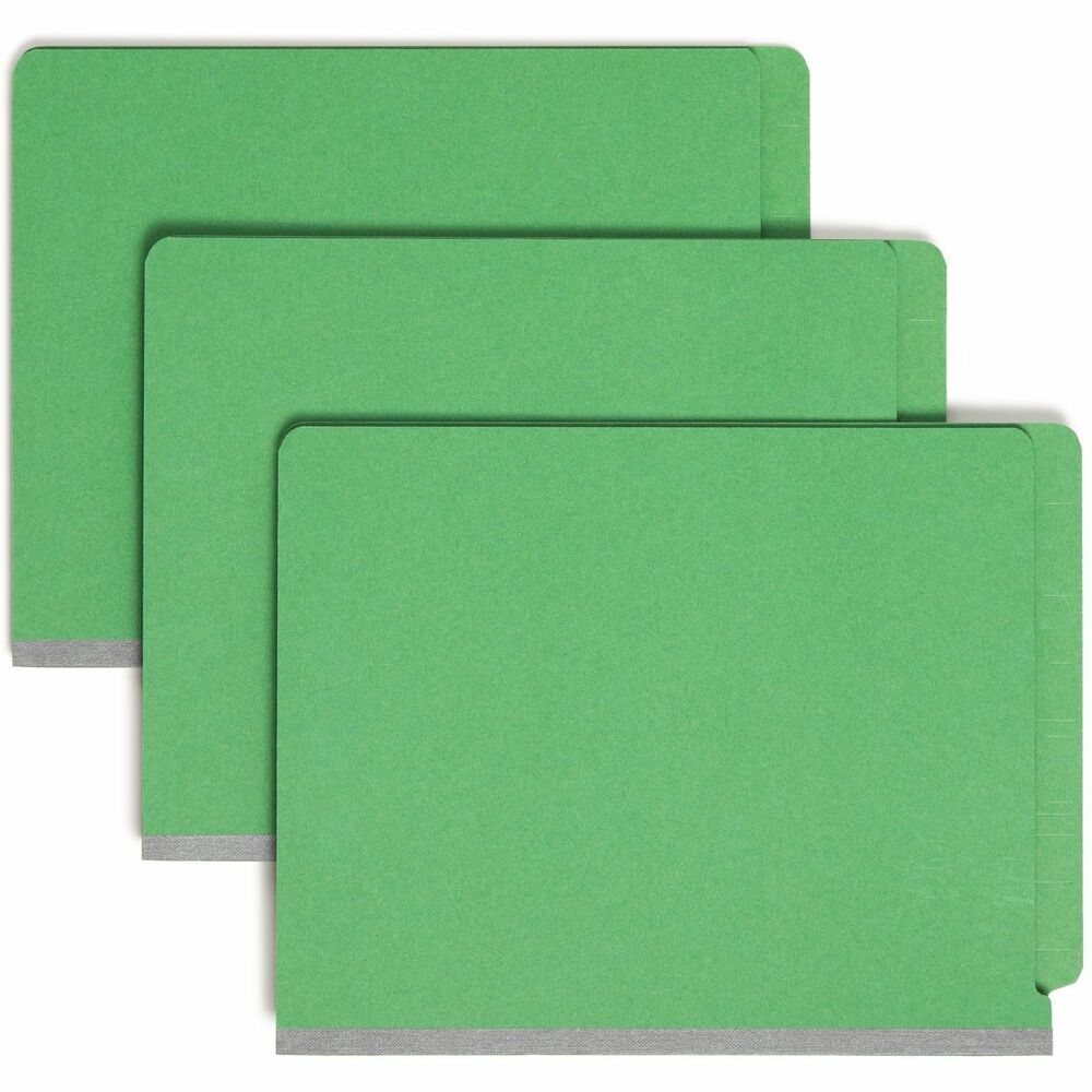 SMD26785 - Classification folders offer two-prong fasteners on front and back panels and dividers to six separate filing surfaces within each folder. Gusset allows 2" expansion. Folders are made with 25 point colored Pressboard stock. Folders have straight-cut tabs and hold letter-size documents. Dividers have 1/3-cut tabs and are made with 17 point kraft stock. More from the Manufacturer
