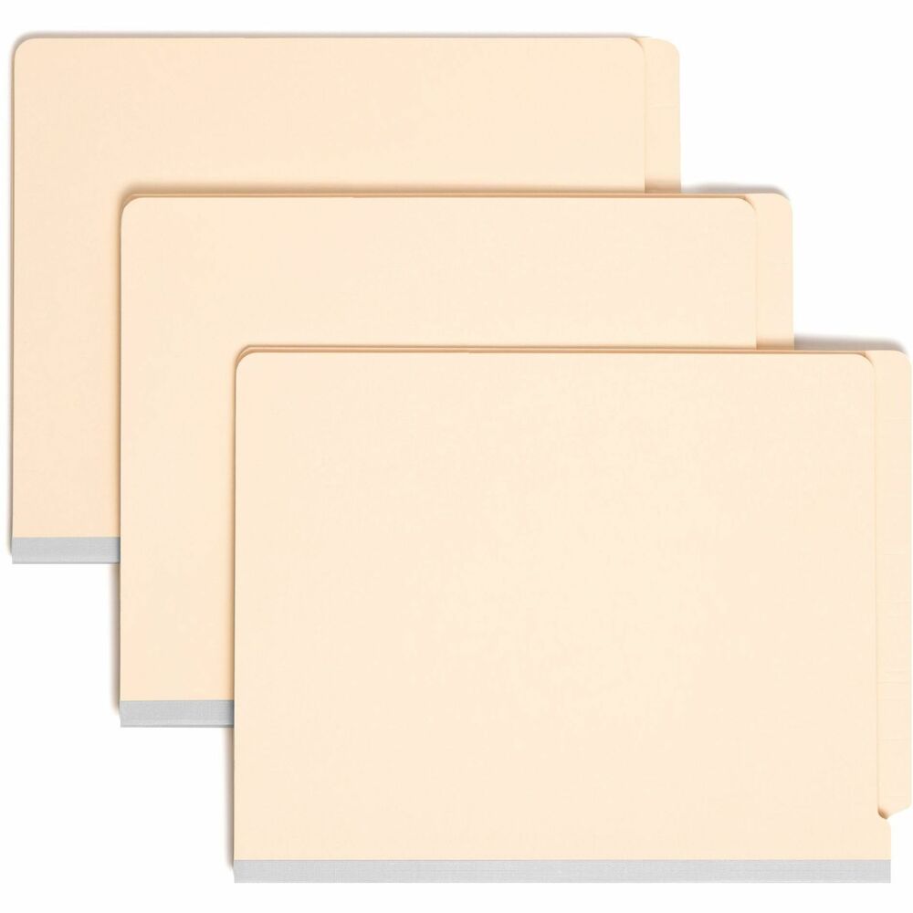 SMD26835 - End-tab classification folders make ideal project files because they allow you to create subdivisions of material within one folder. Straight-cut tab offers plenty of labeling space. Fasteners on the front and back panels and the two dividers create separate filing surfaces. Two 2" prong B-style fasteners are in positions No. 1 and 3. Folders are made of 18 point stock. Dividers are made of 18 point stock. 1/3-cut tabs on dividers are 3/8" high. Dividers are fully taped to the gusset. Both sides of each divider have 1" prong fasteners. Letter-size folders expand 2".