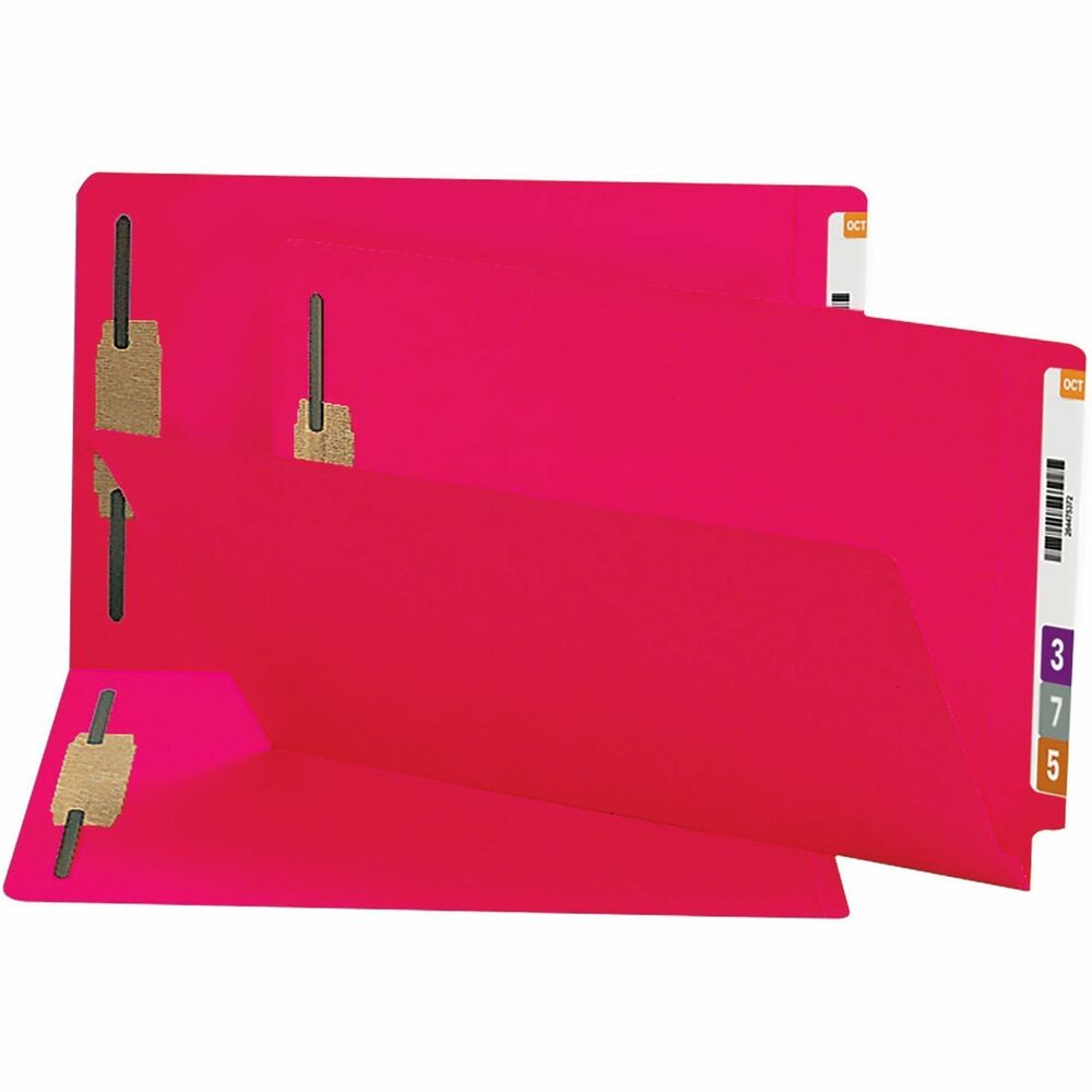 SMD28740 - Color-coding provides quick reference and easy retrieval. Two fasteners per folder provide two filing options in positions one and three. Straight-cut tabs offer room for numeric, alphabetic and bar-coded labels. Folders expand to hold 3/4". Made with heavyweight, 11 point stock. Folders are ideal for organizations that maintain large record management systems.