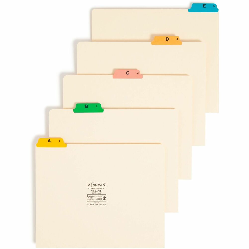 SMD50180 - Effortlessly elevate your document organization with Recycled Top Tab File Guides - the perfect companion for navigating your filing system. Sturdy, letter-size guides act as alphabetic milestones, dividing your file drawer into clearly discernible, smaller sections. These SFI-certified, FSC-certified file guides contain recycled content and post-consumer material. They are ideal for home, office or classroom use. Smead delivers efficiency, reliability and environmentally responsible document organization. With a legacy spanning more than a century, Smead has consistently emphasized the importance of family heritage, seamlessly weaving their rich history into their present identity. Driven by unwavering dedication to quality and craftsmanship, Smead provides genuine products and solutions tailored to the needs of the modern worker.