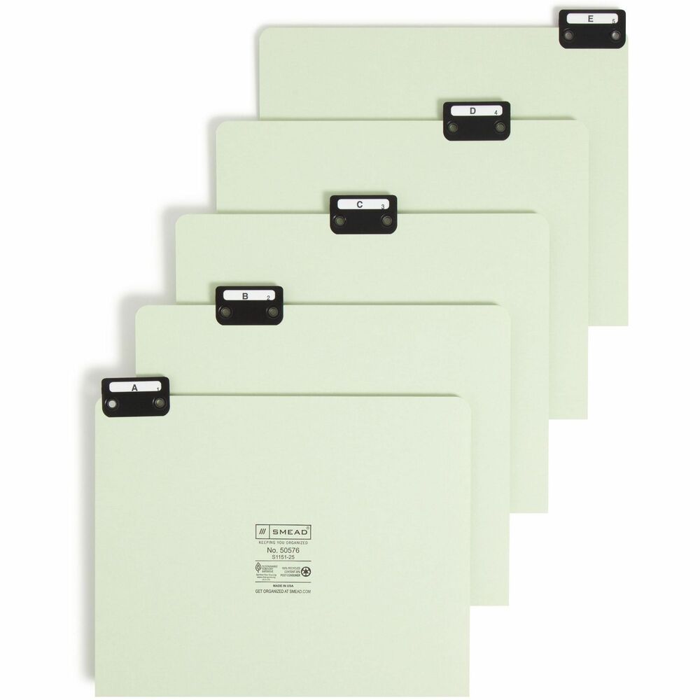 SMD50576 - Indexed file guides with green pressboard offer A-Z divisions for alphabetical indexing so you can break folders into small groups for quicker identification. Offer 1/5 cut self-tab flat metal tabs. Ideal for sorting files or paperwork with sturdy guides to organize materials for easy access.
