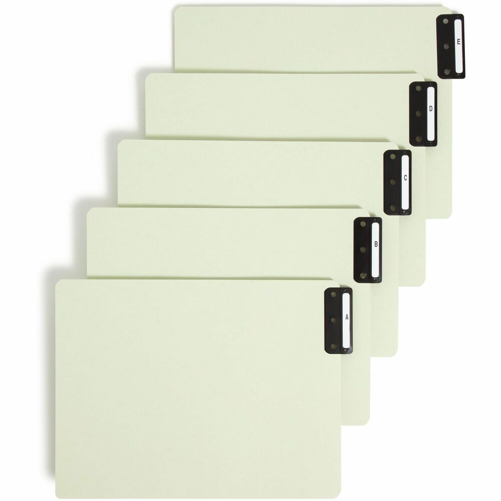 SMD61676 - 25 / Set. End-tab Pressboard Guides are used to divide entire filing systems into smaller groups for quick identification. Alphabetical tabs are readable from both sides for quick reference while filing. Guides are wider than standard end-tab folders so tabs stand out. 25 point green Pressboard is durable for frequent use. 1/2" wide tabs with vertical style No. 8 are in the top position. Each end-tab guide includes a flat metal tab. Guides are made with a high percentage of recycled material.