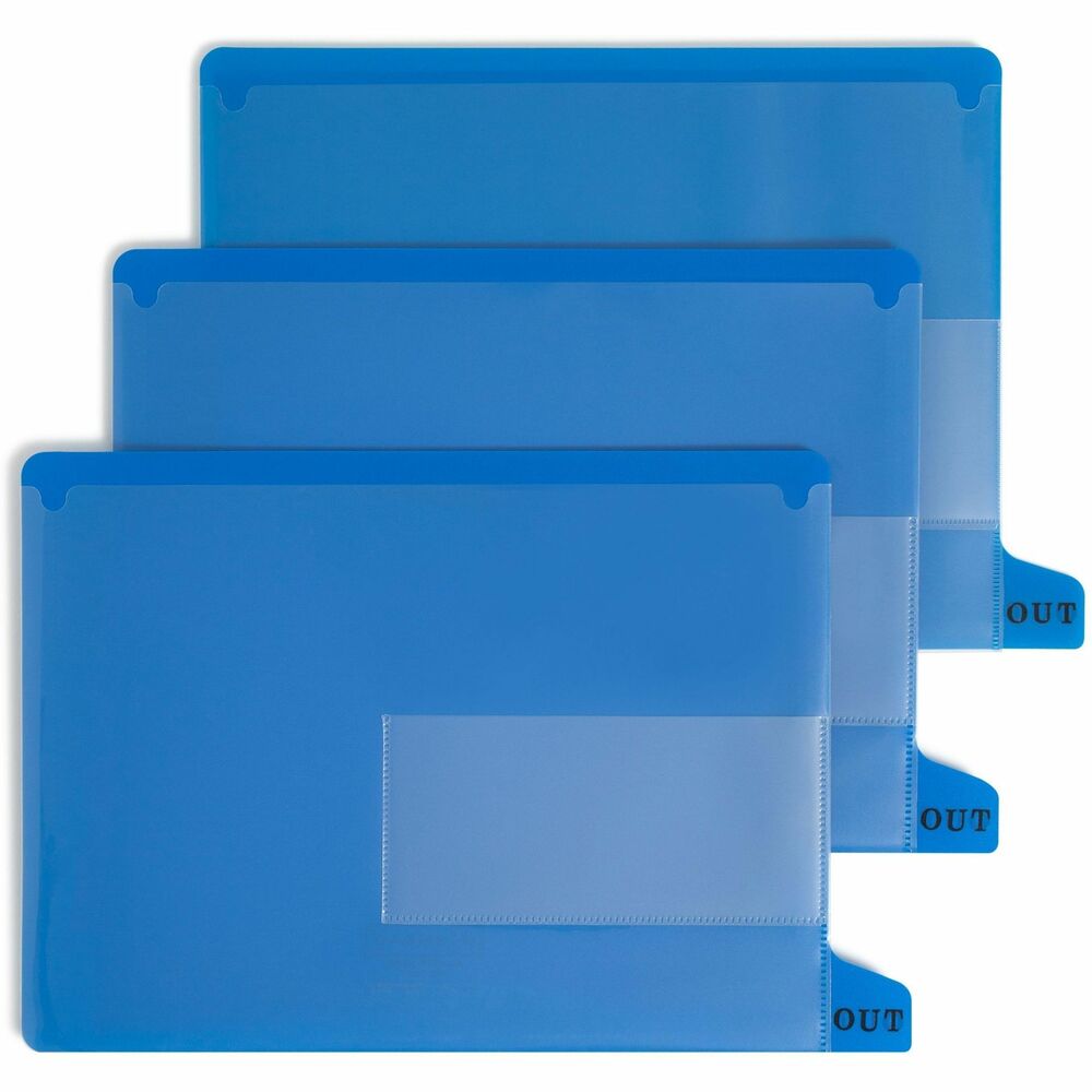 SMD61951 - Clearly mark where folders have been removed from your shelf filing system with these end-tab out guides. Small translucent pocket holds charge-out form indicating file taken, date taken and by whom, while the larger pocket temporarily holds full-size documents to be filed in the folder when it is returned. Tabs in 1/5-cut bottom position are embossed with the word, "OUT." Letter-size out guides are made of 20 point poly material that is acid-free and archival quality.