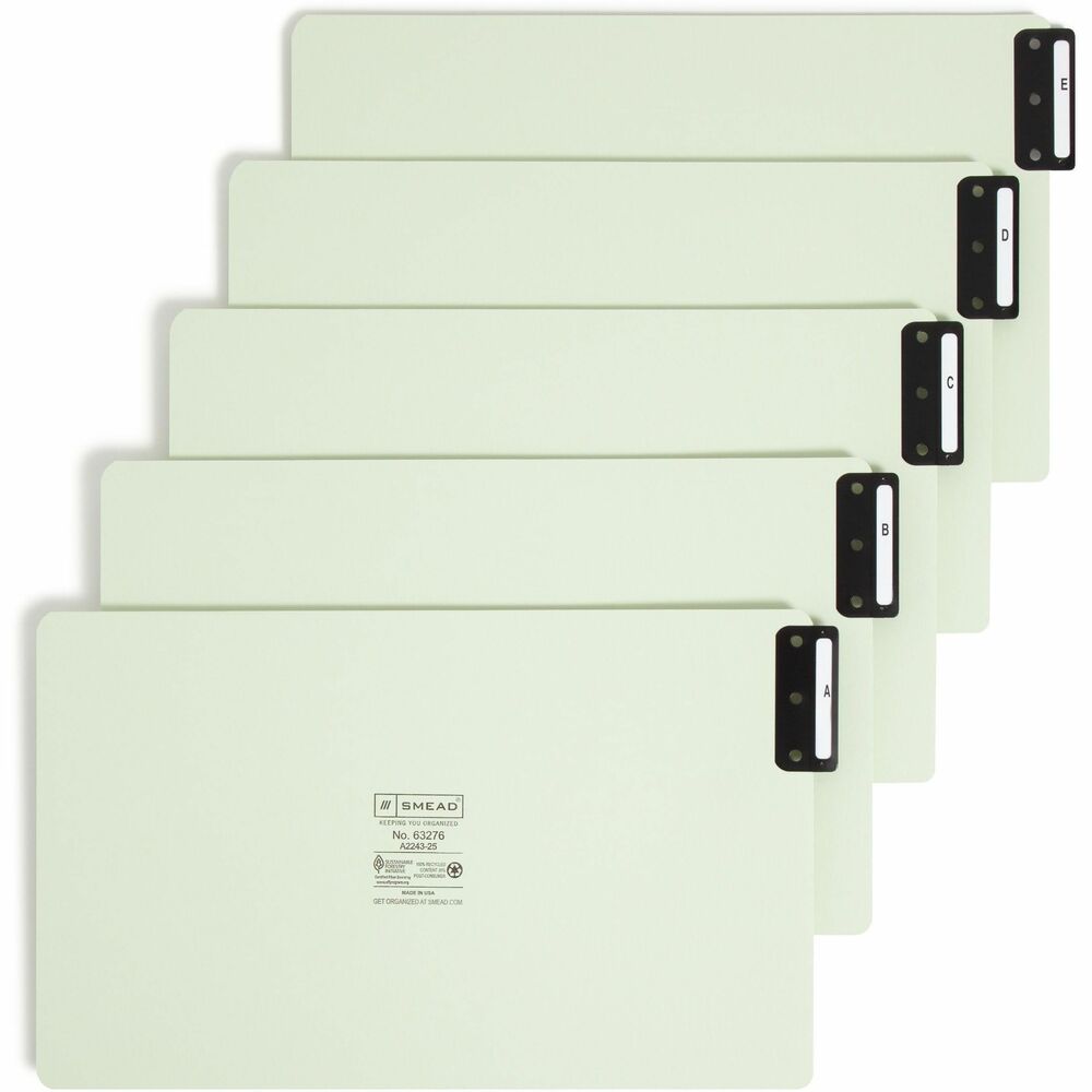 SMD63276 - End-tab Pressboard Guides are used to divide entire filing systems into smaller groups for quick identification. Alphabetical tabs are readable from both sides for quick reference while filing. Guides are wider than standard end-tab folders so tabs stand out. 25 point green Pressboard is durable for frequent use. 1/2" wide tabs with vertical style No. 8 are in the top position. Each end-tab guide includes a flat metal tab. Guides are made with a high percentage of recycled material.
