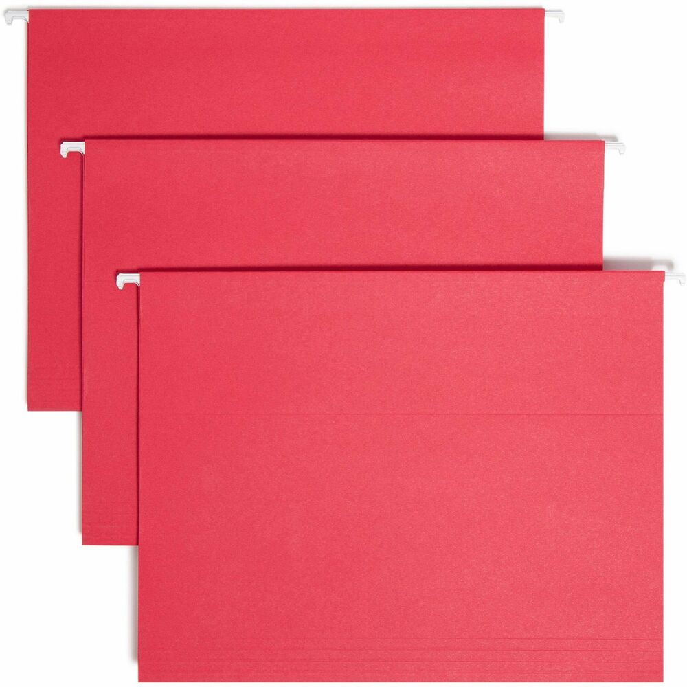 SMD64067 - A popular choice for desk drawer files, these colored hanging folders keep papers neatly vertical in the file. Coated rod tips slide easily on file drawers. Included clear poly tabs can be positioned in the slits along the top edge in several locations. Repositionable poly tabs are 1/5 cut and 1/2" high. Hanging folders include replaceable white inserts. Use with colored interior folders to prevent misfiling. Hanging folders are made of 11 point color stock and include white inserts.
