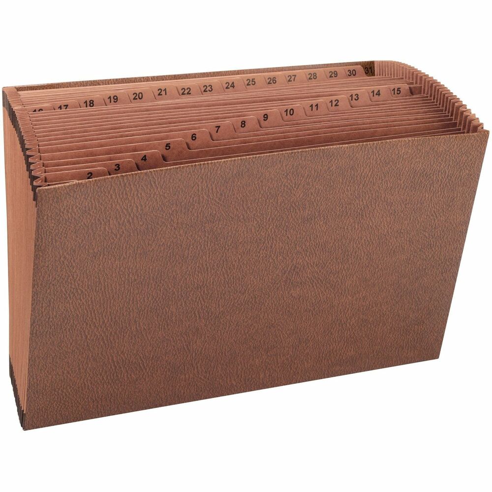 SMD70469 - Organize your paperwork using this Tuff Expanding File as a desk or credenza organizer. 31 pockets provide a separate slot for each day of the month. Each pocket expands to 7/8". Double-thick, front and back panels have a heavy reinforcement, liner board. Design also features full-height redrope dividers, full-height redrope gussets and tear resistant reinforcement at the top. For easy access to your materials, leatherlike expanding file does not have a flap. More from the Manufacturer
