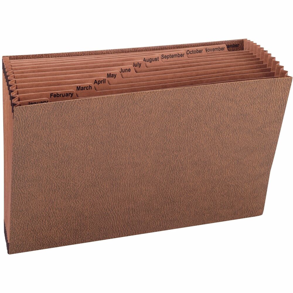 SMD70490 - Organize your paperwork using this Tuff Expanding File as a desk or credenza organizer. 12 pockets are labeled January to December for monthly filing. Each pocket expands to 7/8". Double-thick front and back panels have a heavy reinforcement liner board. Design also features full-height redrope dividers, full-height redrope gussets and tear-resistant reinforcement at the top. For easy access to your legal-size materials, leatherlike expanding file does not have a flap. More from the Manufacturer