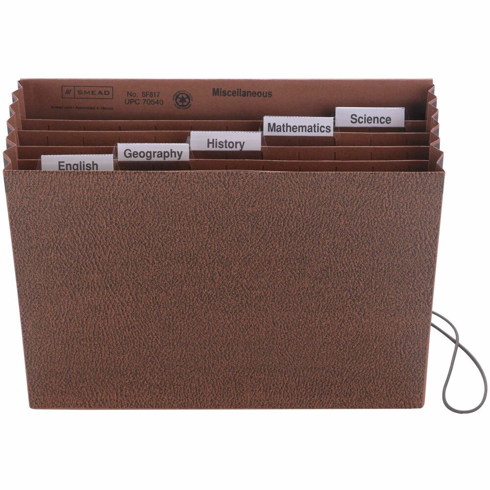 SMD70540 - Organize school and project papers by subject. Subject/project file is made of leatherlike material. Full-height redrope gussets are reinforced with tear-resistant material at top. Flap and elastic cord closure keep contents secure during transport. Design also features six pockets with repositionable, colored, vinyl tabs for easy subject identification. Subject/project file includes blank and school subject inserts.