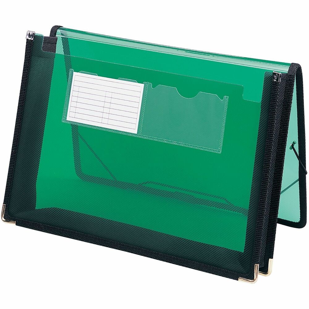 SMD71951 - Expanding wallet features heavy-duty polypropylene that resists tearing, repels moisture and is easy to clean. Four-sided carrier holds letter-size sheets and features sewn fabric trim, heavy-duty black cloth gusset, protective cover flap and elastic cord. Expanding wallet holds up to 200 letter-size sheets with a 2-1/4" expansion. Two clear pockets on front are designed for business, title or index cards.