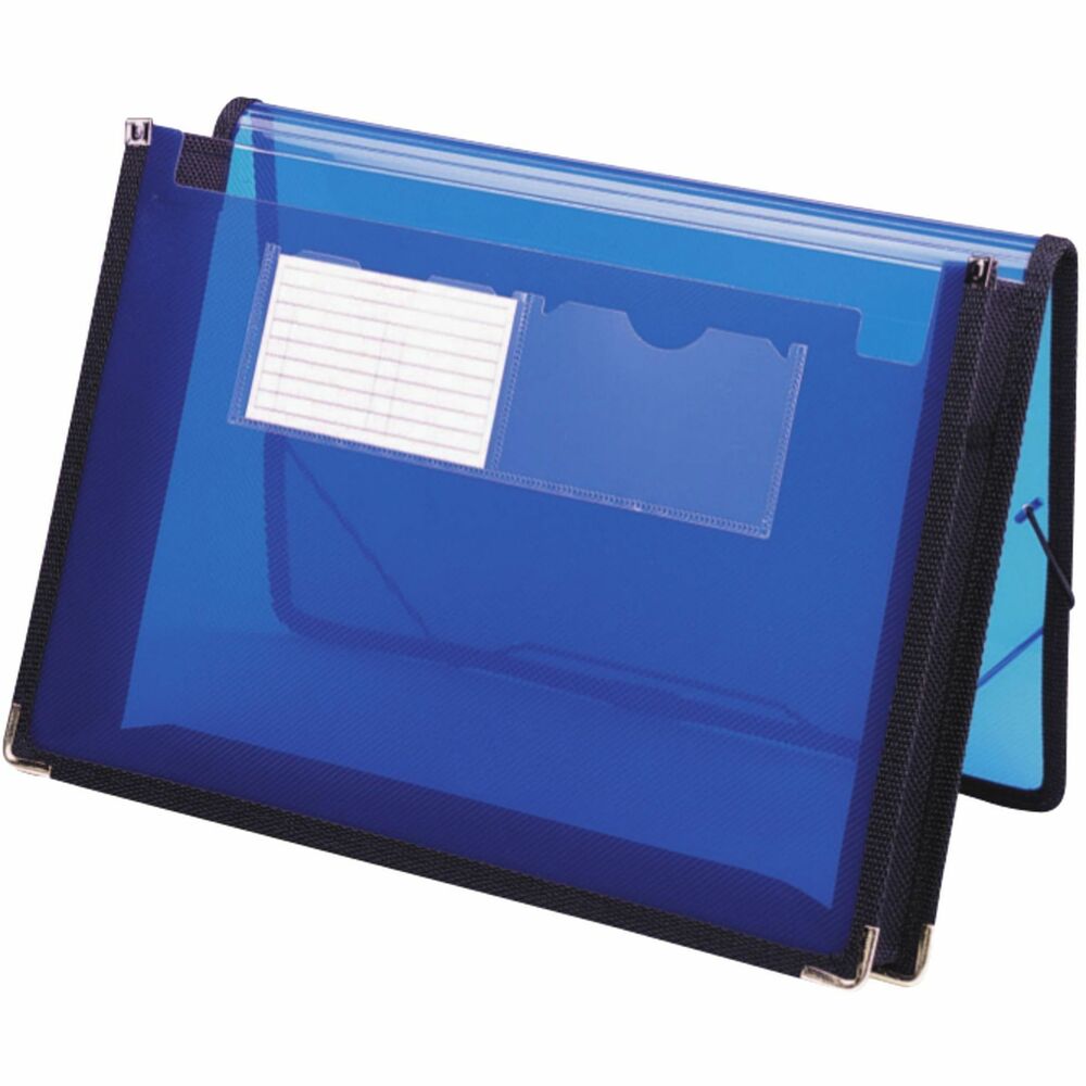 SMD71953 - Expanding wallet features heavy-duty polypropylene that resists tearing, repels moisture and is easy to clean. Four-sided carrier holds letter-size sheets and features sewn fabric trim, heavy-duty black cloth gusset, protective cover flap and elastic cord. Expanding wallet holds up to 200 letter-size sheets with a 2-1/4" expansion. Two clear pockets on front are designed for business, title or index cards.