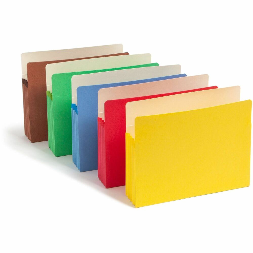 SMD73892 - Colorful file pocket features a gusset with tear-resistant, rollover reinforcement durability. Manila liners make it easy to label subject headings on the spacious straight-cut tabs. Drop-front panel provides easy access to contents. Color-code your letter-size files with five distinct colors. Set contains one of each color: blue, green, red, yellow and redrope. 3-1/2" expansion holds 800 sheets.