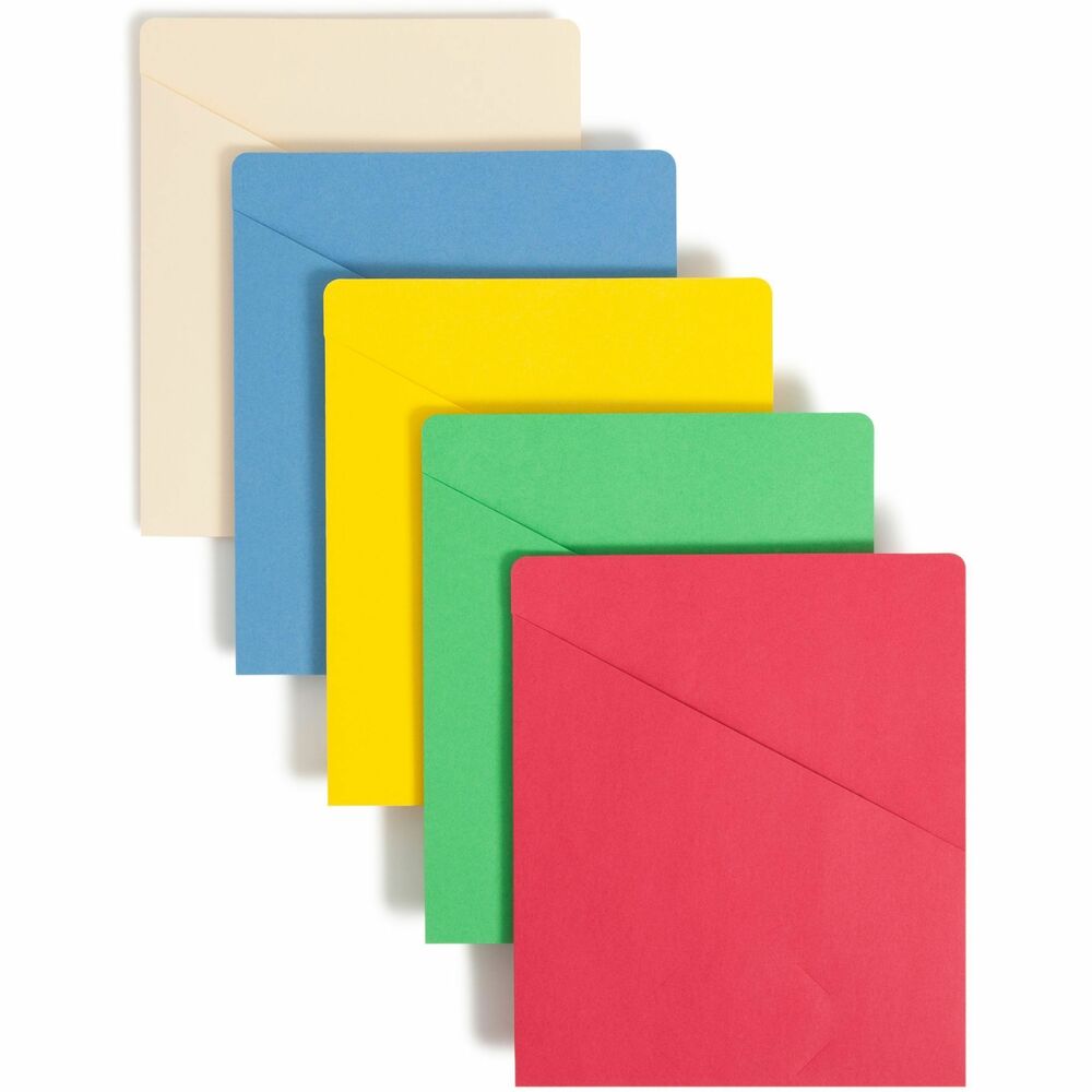 SMD75425 - Keep papers organized with these sturdy slash jackets that have closed sides and bottom to keep materials secure and in order. Punch the left edge and use as a pocket divider in a ring binder. Angled front allows easy viewing documents while keeping papers flat. Die-cut slit in pocket holds a business card. Manila and four distinctive colors sort paperwork by client or category. These slash jackets are part of the Organized Up Collection, unique solution that lets you store documents the way you read them - vertically.