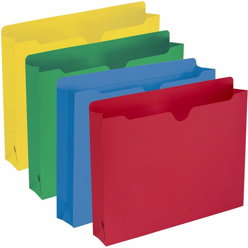 SMD75673 - Color-code your projects using top-tab, colored file jackets. Closed on three sides to protect contents and keep materials from slipping out, file jackets are great for taking files out of the office. File jackets expand 2" so they are ideal for thick stacks of photos, documents, charts and X-rays. File jackets also feature 11 point colored stock, a thumb-cut front panel, and straight-cut, 1/2" high, reinforced tabs.
