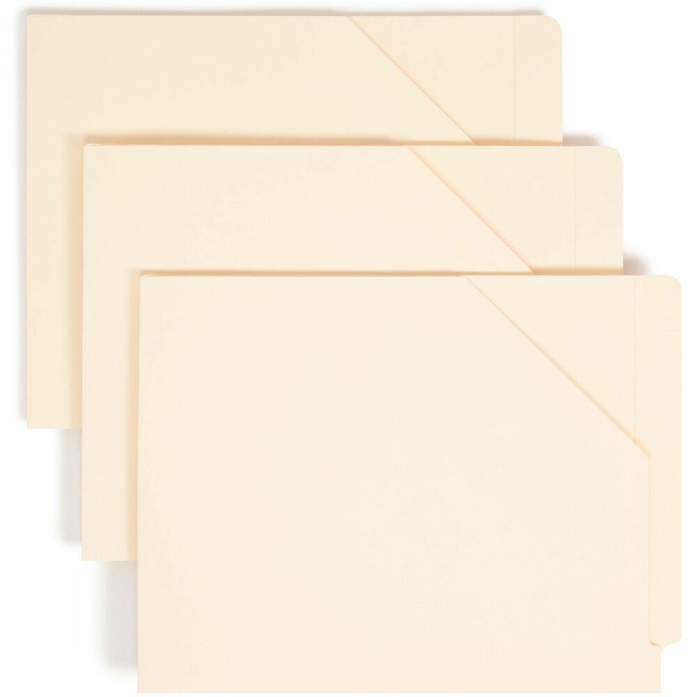 SMD75700 - End-tab file jackets are closed on the bottom and left side to keep documents safely inside. These file jackets are well-suited for storing medical charts, X-rays or photos. The front panel is cut away diagonally, and the right edge is open for easy access to contents. Each file jacket also features a straight-cut tab, 11 point manila construction and no expansion.