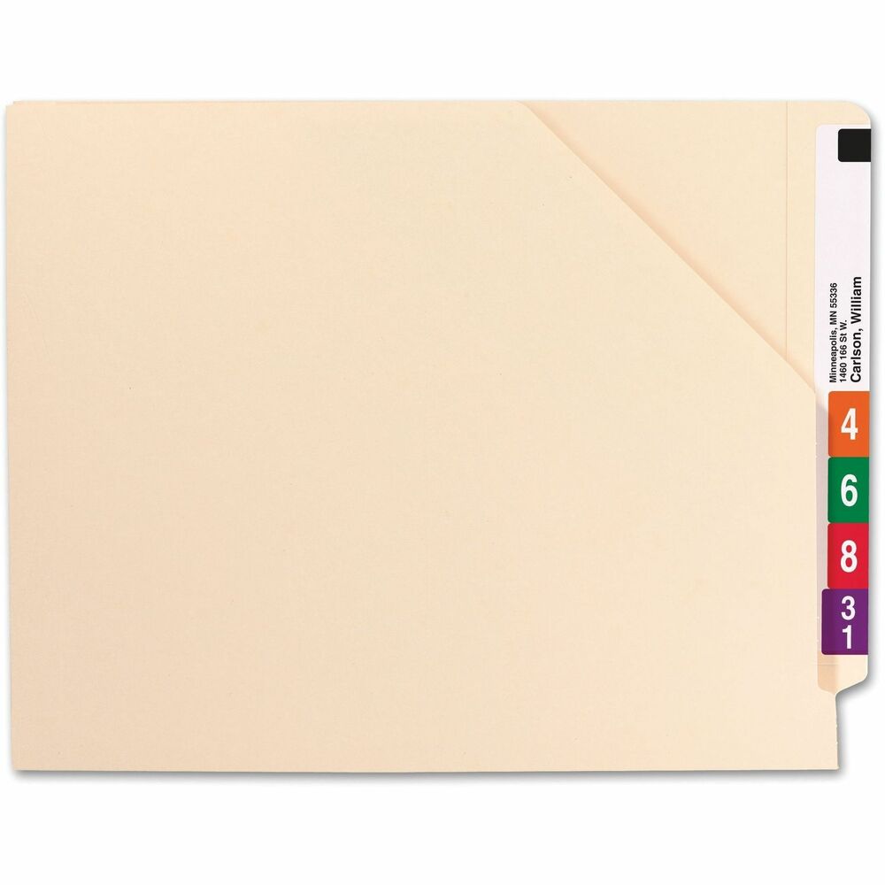 SMD75740 - End-tab file jackets are closed on the bottom and left side to keep documents safely inside. These file jackets are well-suited for storing medical charts, X-rays or photos. The front panel is cut away diagonally, and the right edge is open for easy access to contents. Each file jacket also features a straight-cut tab, 14 point manila construction and 1-1/2" expansion.