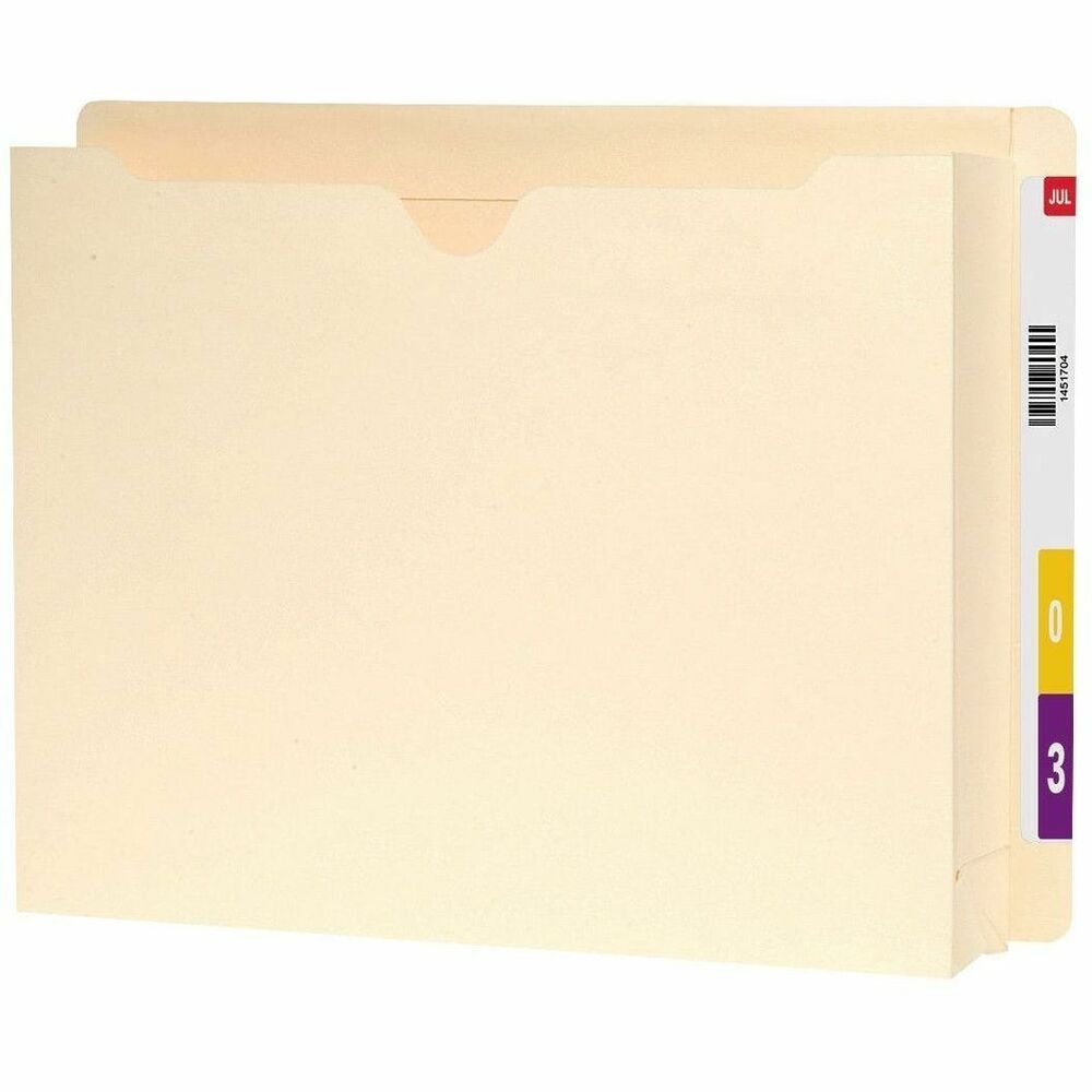 SMD76910 - End table file jacket features full-height side gusset to keep materials from slipping out and is closed on three sides for extra security. Use file jackets to keep medical charts, X-rays, photos and other bulky documents safe and secure within your filing system. Each file jacket offers a 2" expansion, straight-cut reinforced tab, and 14 point stock.