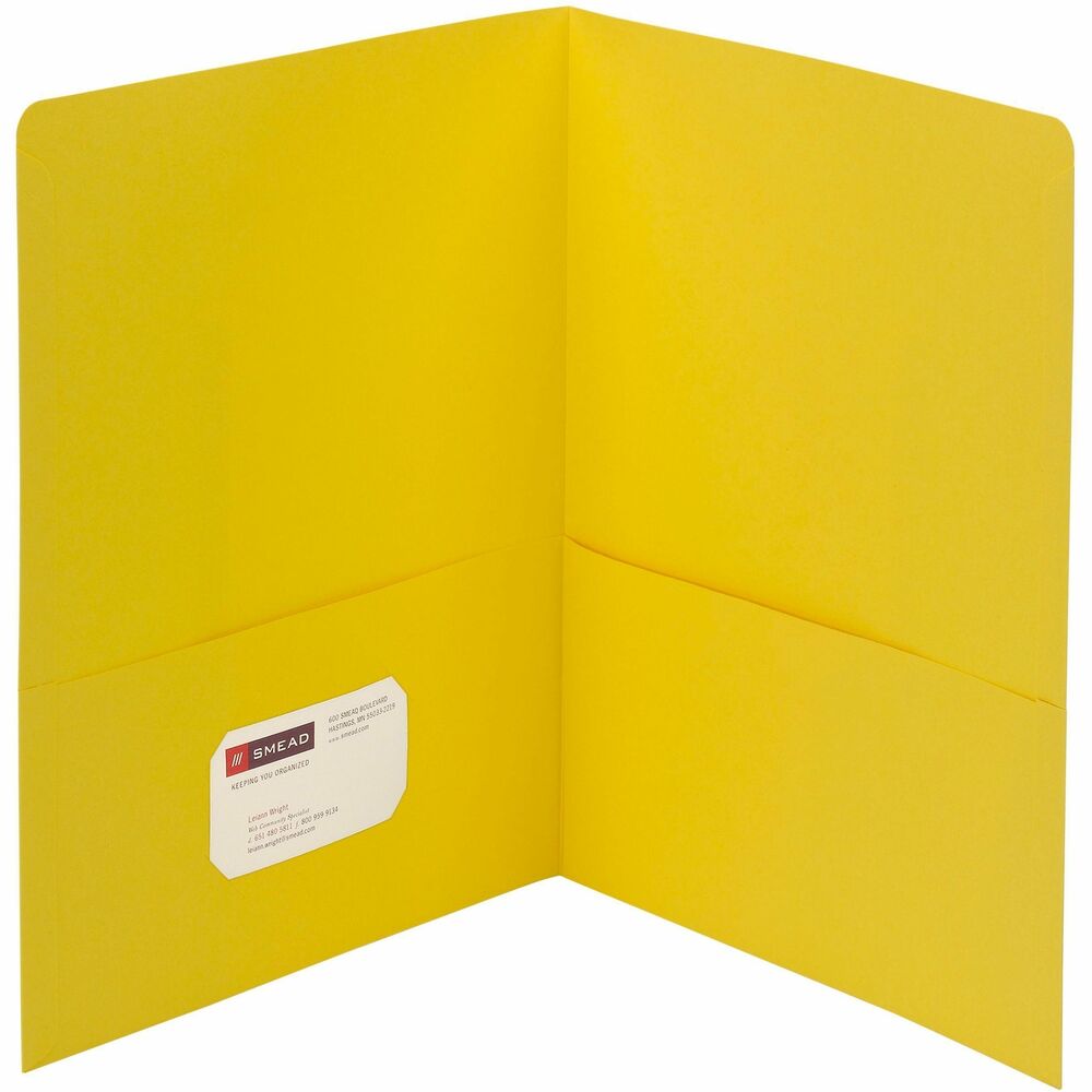 SMD87862 - Two-pocket portfolios without fasteners offer large pockets to hold documents, photos or certificates for safe, easy transport while keeping the material immediately accessible. They are reinforced at the sides with a sturdy glue flap and closed at the center. They hold up to 100 letter-size sheets. The left pocket is slit-punched to accept a title or business card. Pockets are 4-1/2" high. Heavyweight textured stock makes a distinctive impression.
