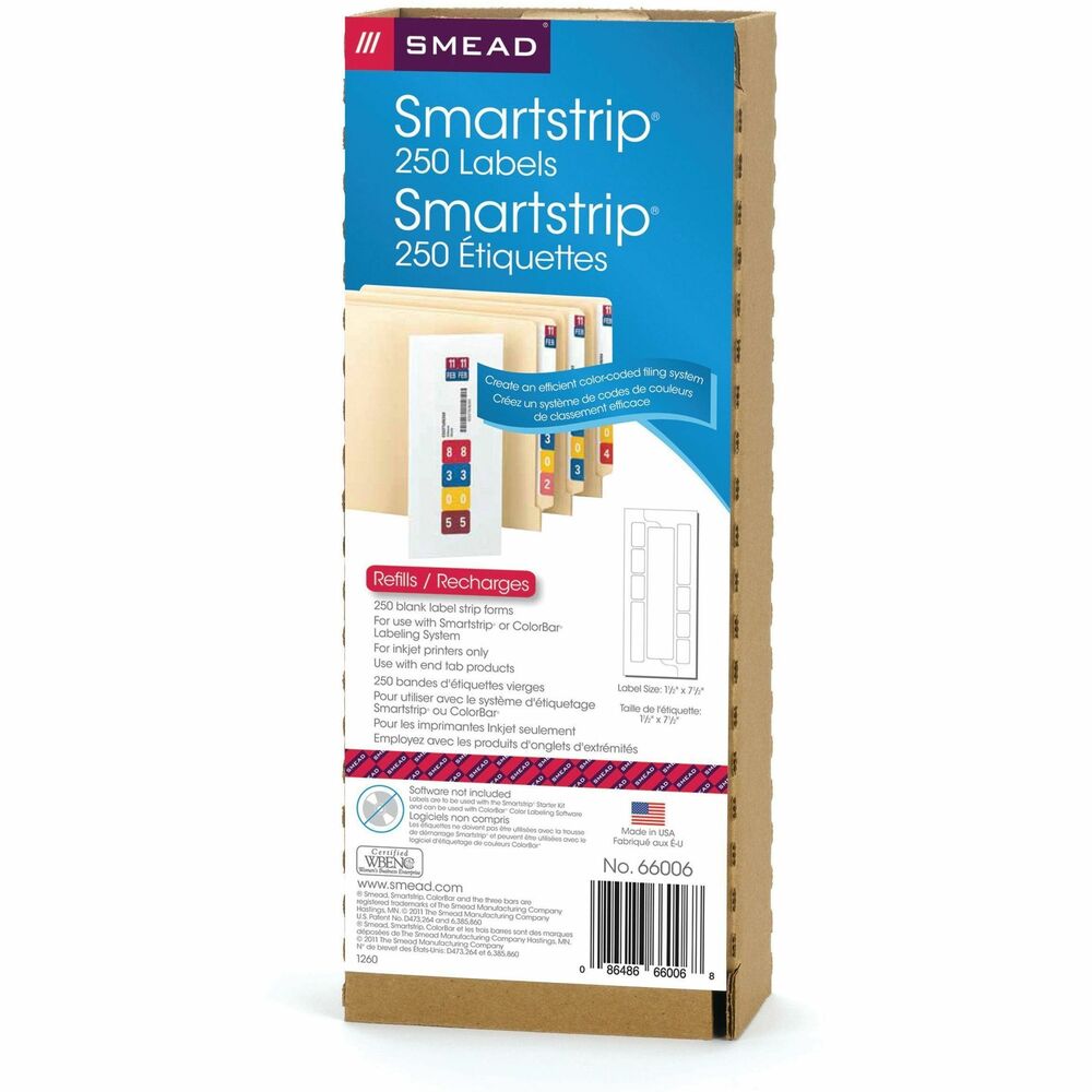 SMD66006 - Refill kit is designed to replenish the Smead Smartstrip Labeling System. This system gives you the efficiency of an end-tab, color-coded filing system using your inkjet printer. Choose from more than 19 different label designs. Match existing label designs through clicking and dragging the color bands. Customize text and use bar codes. Refill kit includes 250 label forms. Each label form contains one 7-1/2" x 1-1/2" label strip, two standard folder labels and six index or alert labels. Starter kit with software is sold separately.