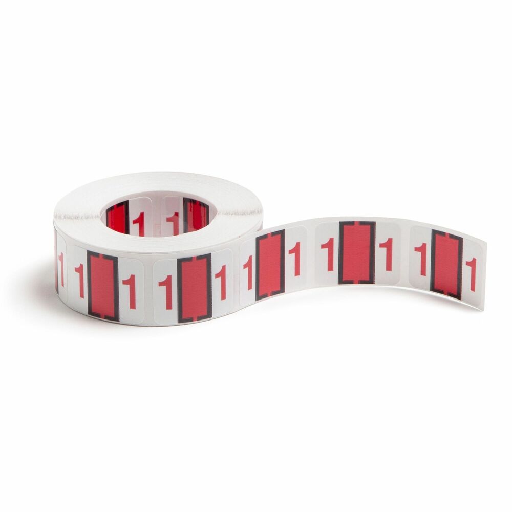 SMD67371 - Self-adhesive, color-coded label rolls feature a wraparound solid color bar and colored character printed on a white background. Colors are compatible with end tabs systems using the bar-style format. Labels are scored to provide a wraparound color bar. Each roll includes 500 labels and comes in a dispensing box. Labels are 1-1/4" wide x 1" high before folding.