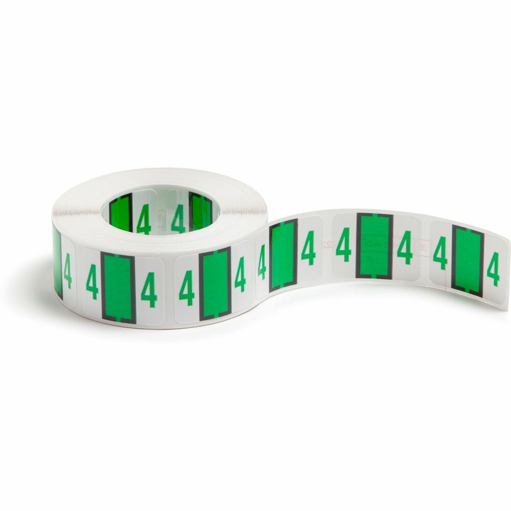 SMD67374 - Self-adhesive, color-coded label rolls feature a wraparound solid color bar and colored character printed on a white background. Colors are compatible with end tabs systems using the bar-style format. Labels are scored to provide a wraparound color bar. Each roll includes 500 labels and comes in a dispensing box. Labels are 1-1/4" wide x 1" high before folding.