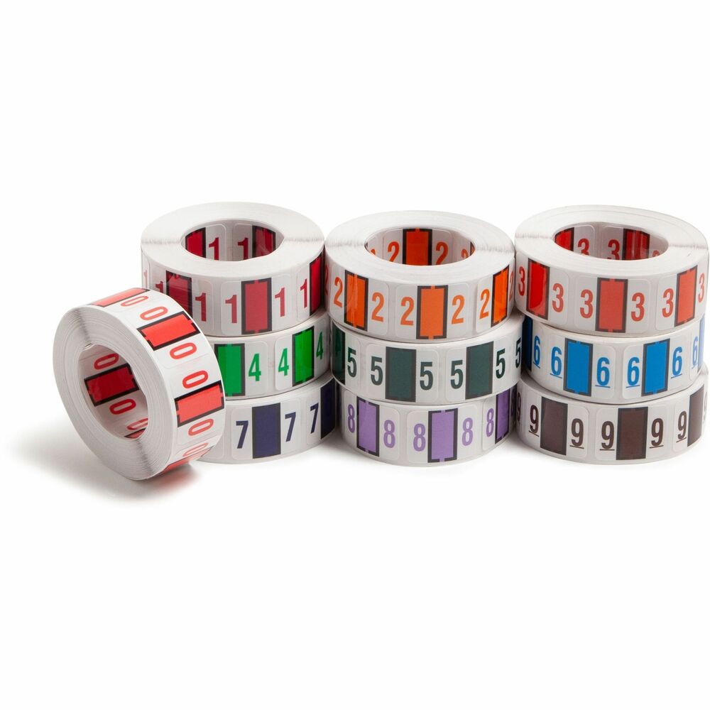 SMD67380 - Self-adhesive, color-coded label rolls feature a wraparound solid color bar and colored character printed on a white background. Colors are compatible with end tabs systems using the bar-style format. Labels are scored to provide a wraparound color bar. Each roll includes 500 labels and comes in a dispensing box. Labels are 1-1/4" wide x 1" high before folding.